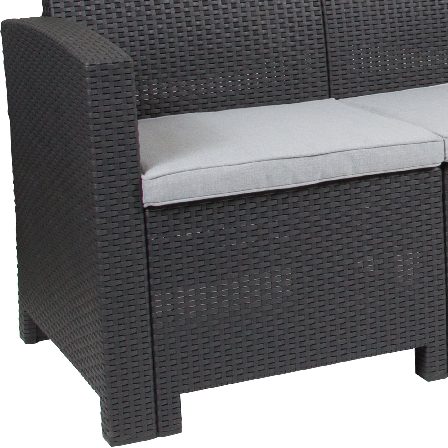 Seneca Dark Gray Faux Rattan Sofa with All-Weather Seneca Light Gray Cushions Dark Gray