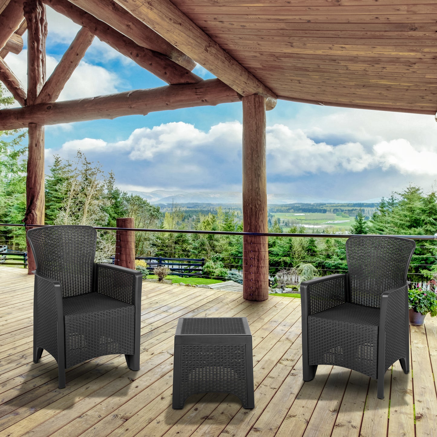 Seneca Dark Gray Faux Rattan Plastic Chair Set with Matching Side Table Dark Gray