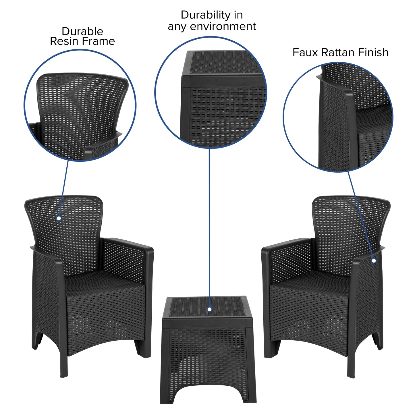 Seneca Dark Gray Faux Rattan Plastic Chair Set with Matching Side Table Dark Gray