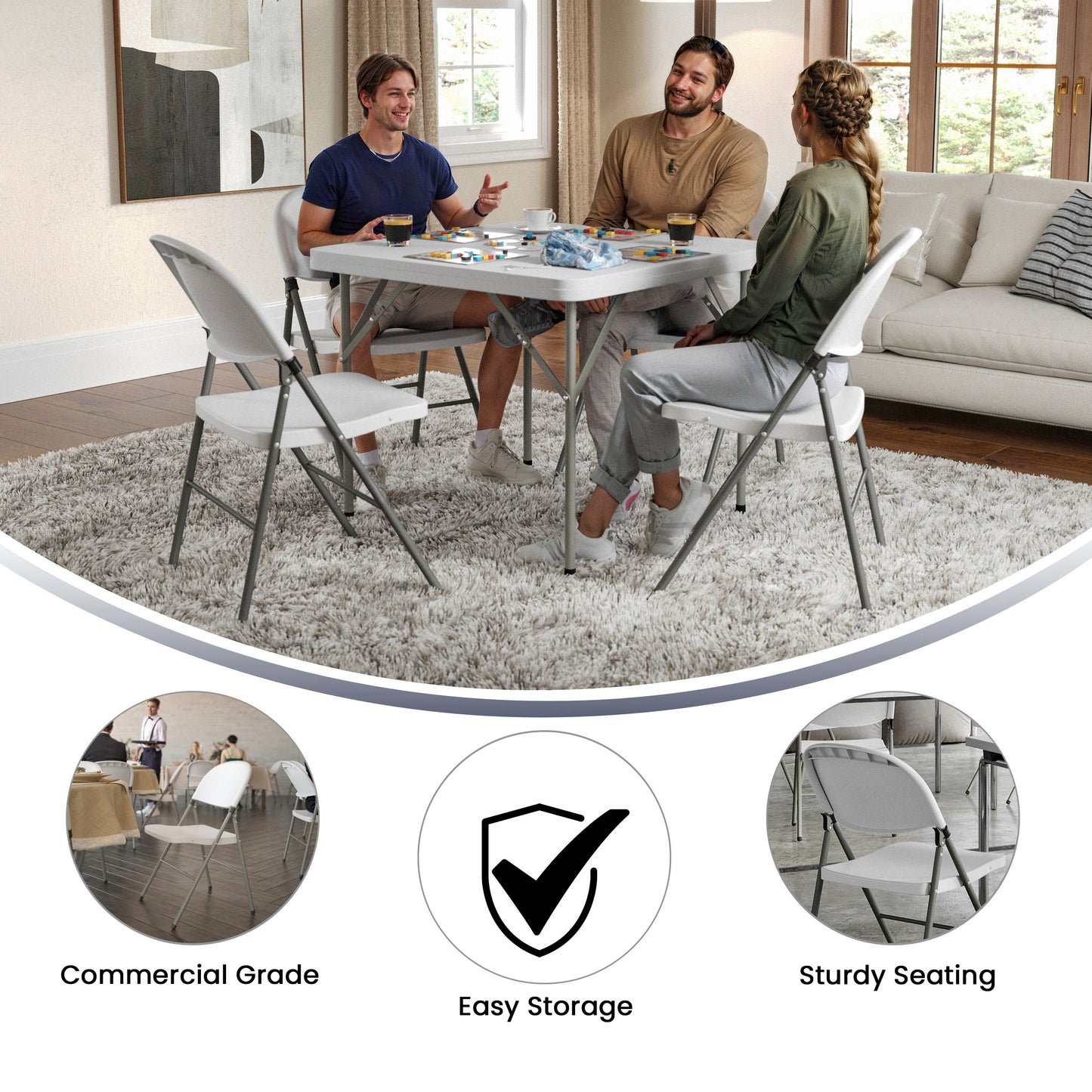 HERCULES Series White Plastic Folding Chairs | Set of 2 Lightweight Folding Chairs with Gray Frame White