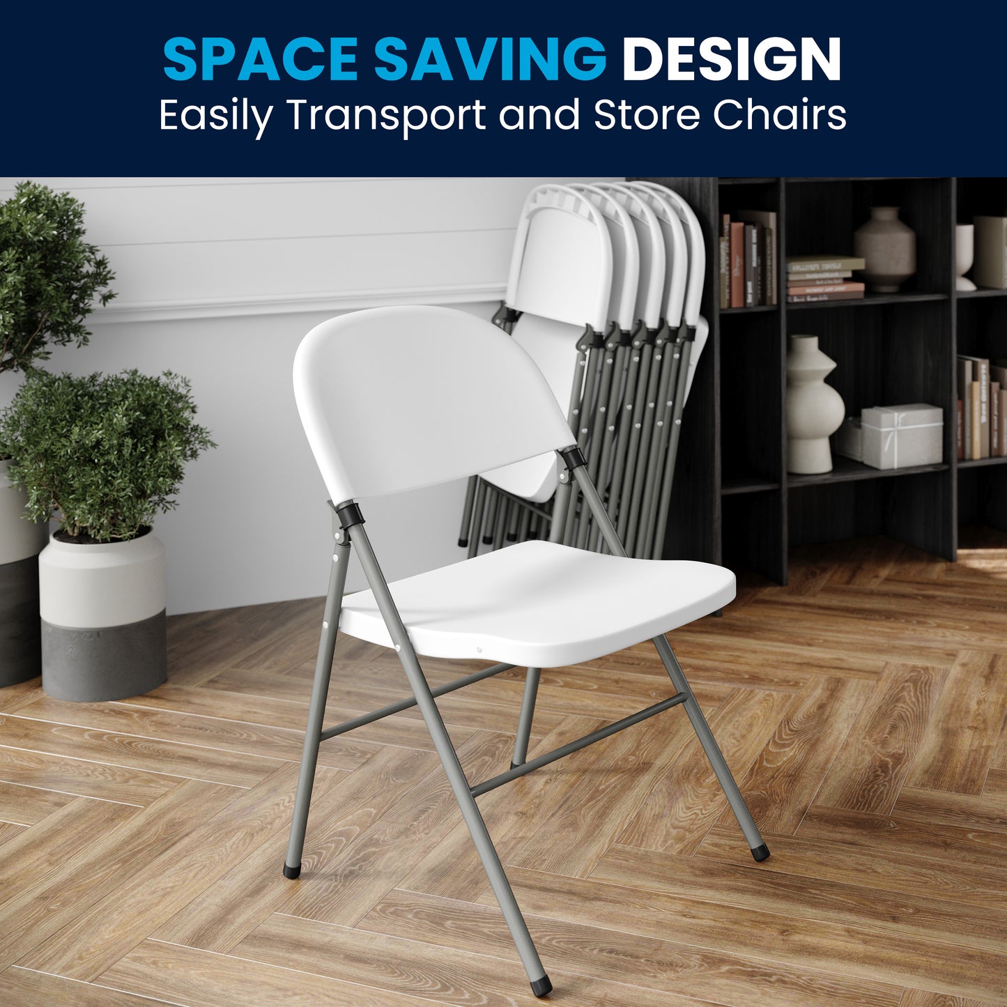 HERCULES Series White Plastic Folding Chairs | Set of 2 Lightweight Folding Chairs with Gray Frame White