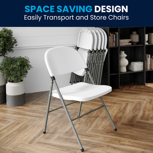 HERCULES Series White Plastic Folding Chairs | Set of 2 Lightweight Folding Chairs with Gray Frame White