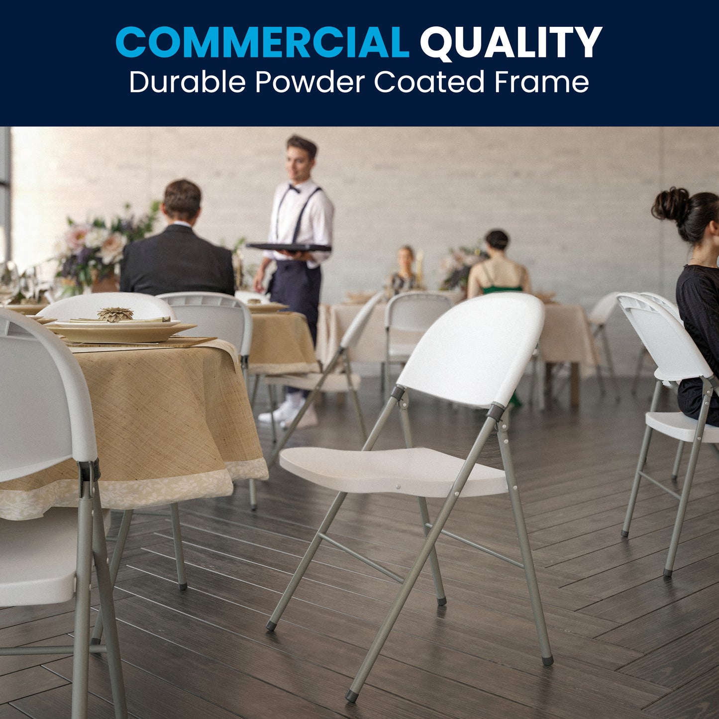 HERCULES Series White Plastic Folding Chairs | Set of 2 Lightweight Folding Chairs with Gray Frame White