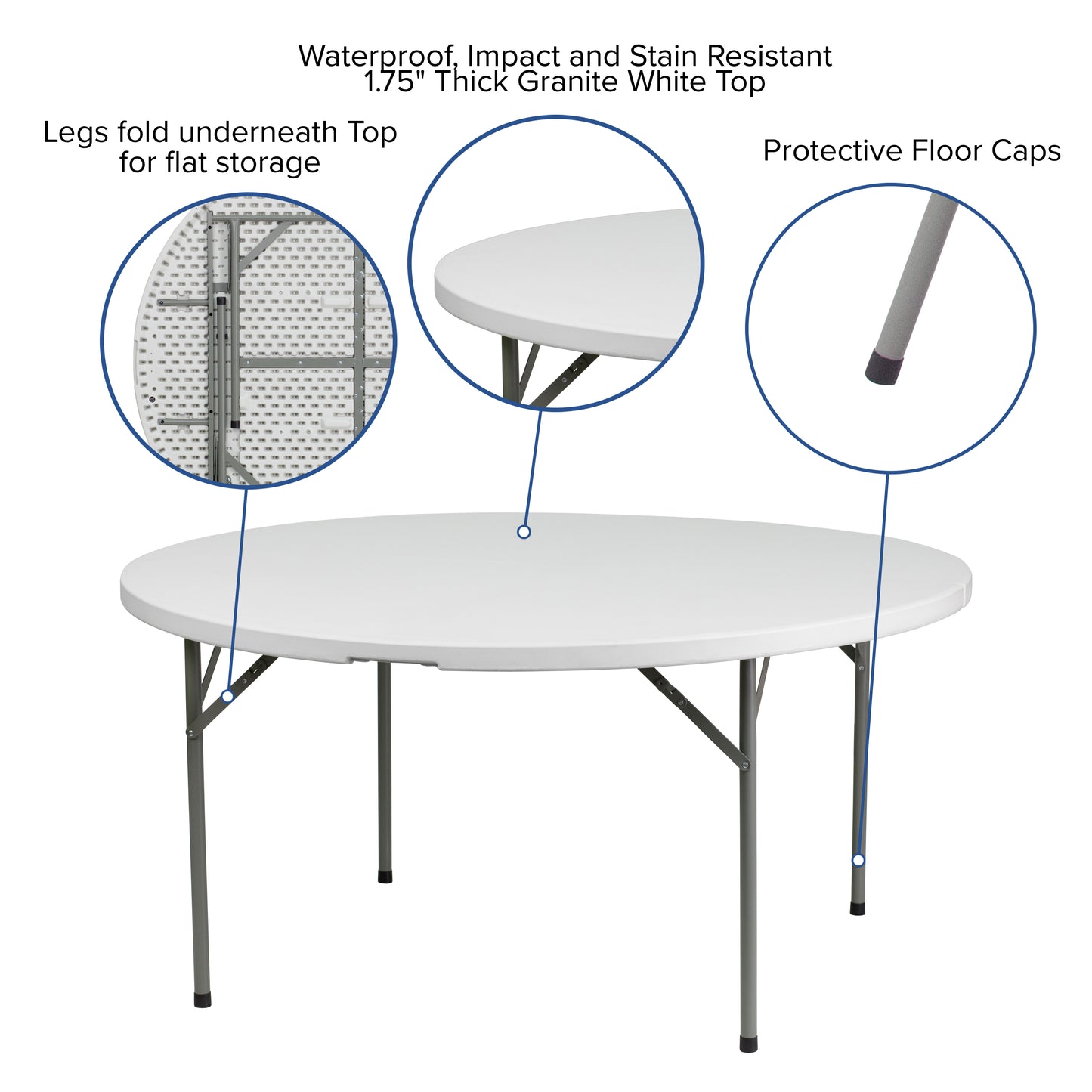 Elon 5-Foot Round Granite White Plastic Folding Table Granite White