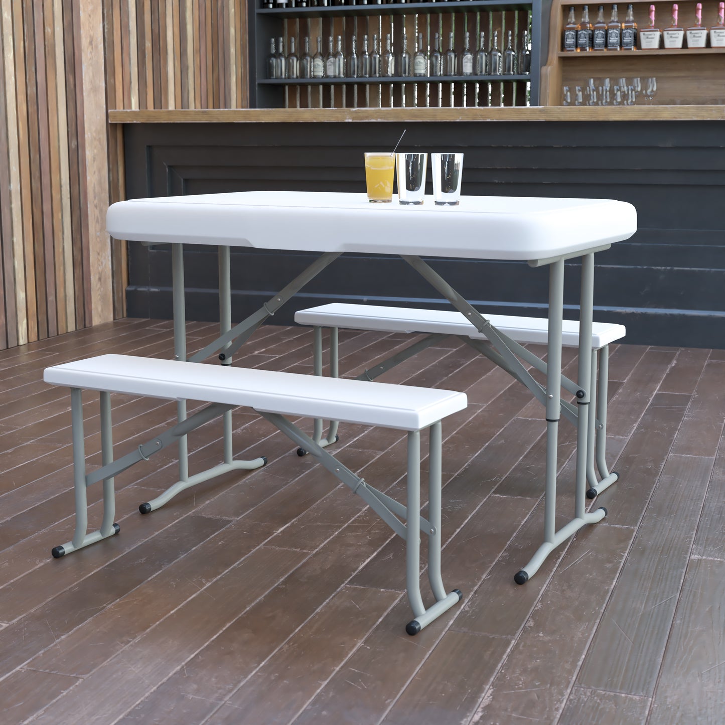 Rowan 3 Piece Portable Plastic Folding Bench and Table Set Granite White