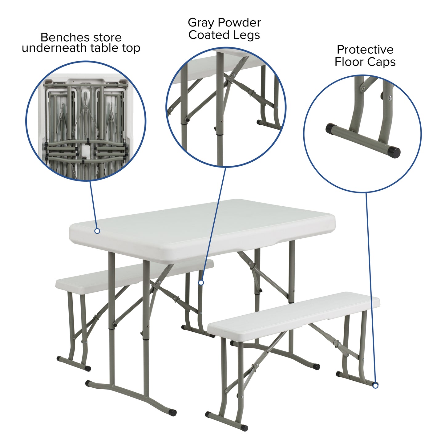 Rowan 3 Piece Portable Plastic Folding Bench and Table Set Granite White