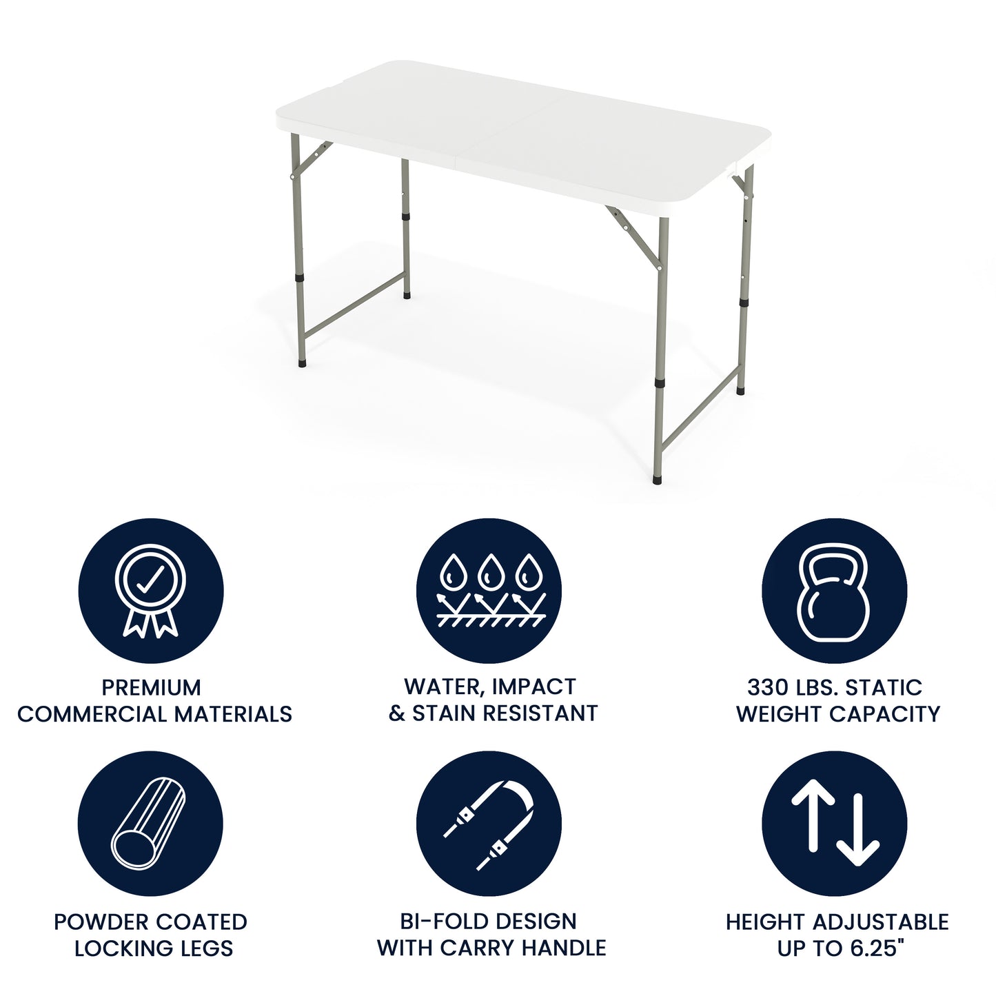 Elon 4-Foot Height Adjustable Bi-Fold Granite White Plastic Folding Table Granite White