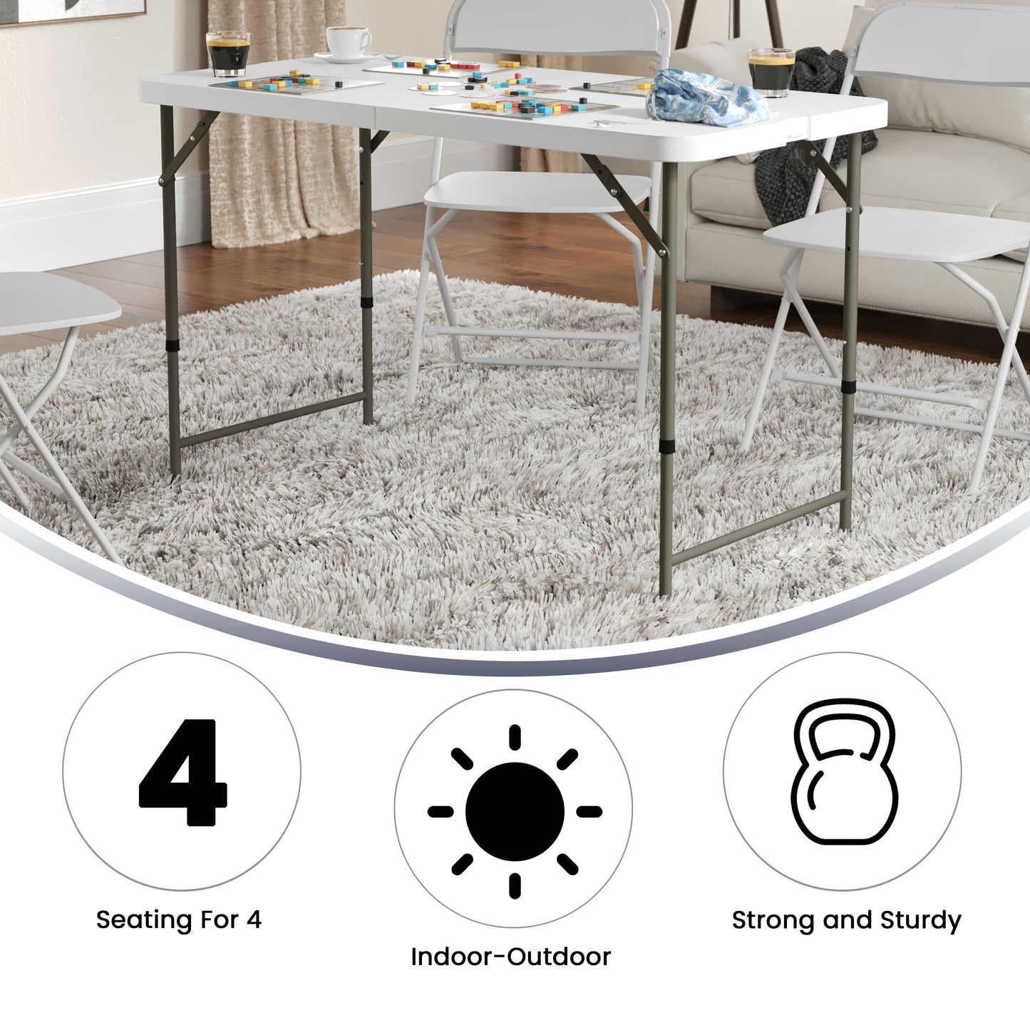 Elon 4-Foot Height Adjustable Bi-Fold Granite White Plastic Folding Table Granite White