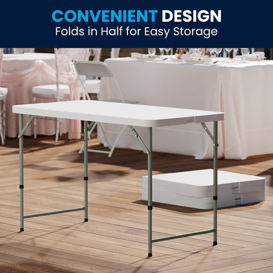 Elon 4-Foot Height Adjustable Bi-Fold Granite White Plastic Folding Table Granite White