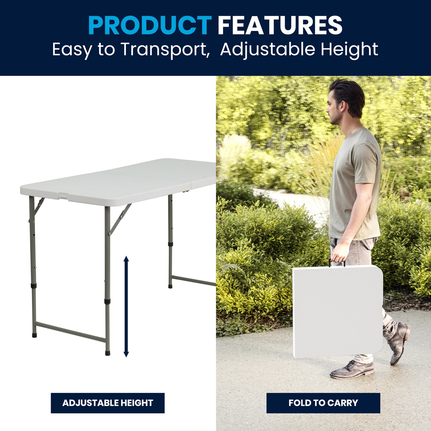 Elon 4-Foot Height Adjustable Bi-Fold Granite White Plastic Folding Table Granite White