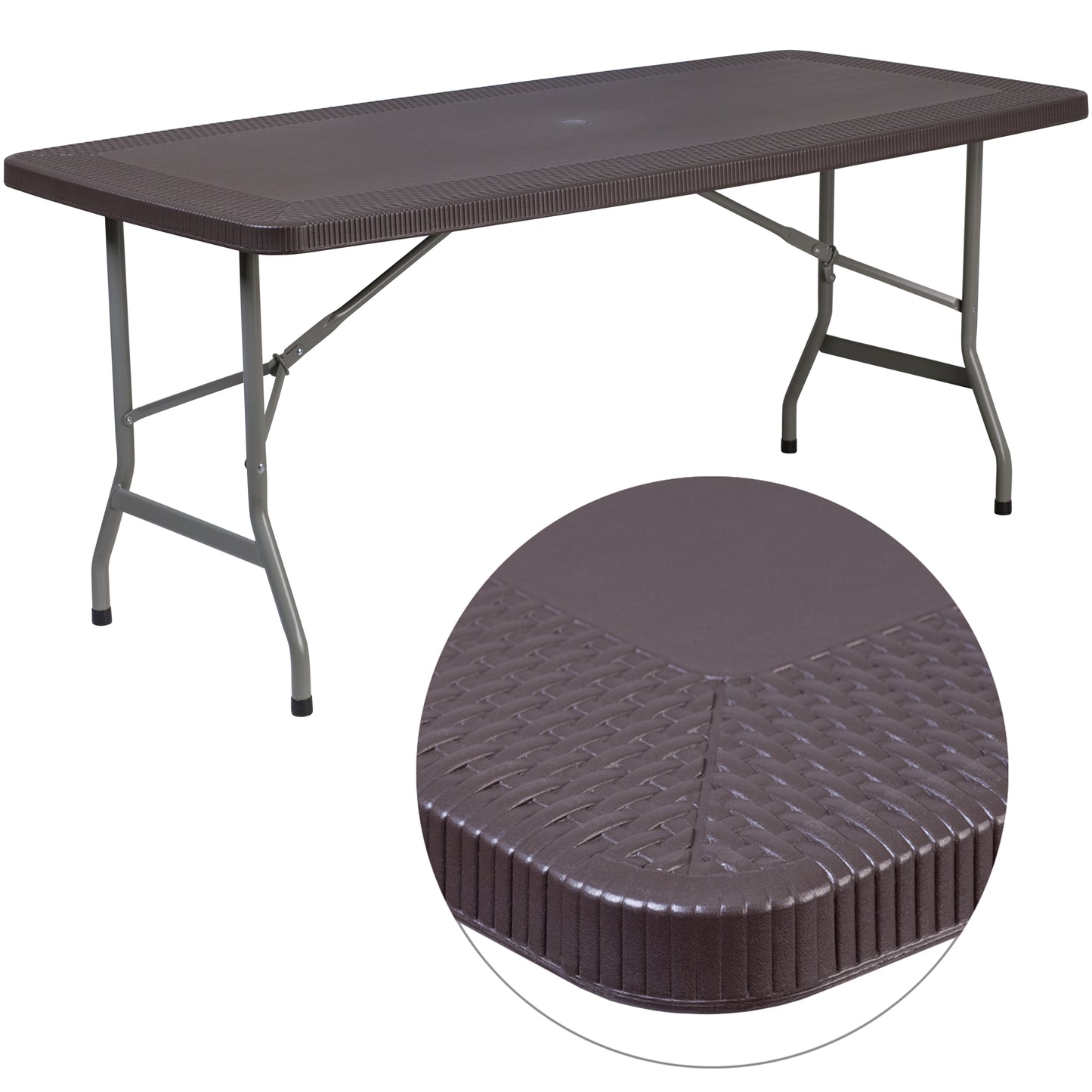 Elon 5.62-Foot Brown Rattan Indoor-Outdoor Plastic Folding Table with Umbrella Hole Brown DAD-YCZ-172-GG