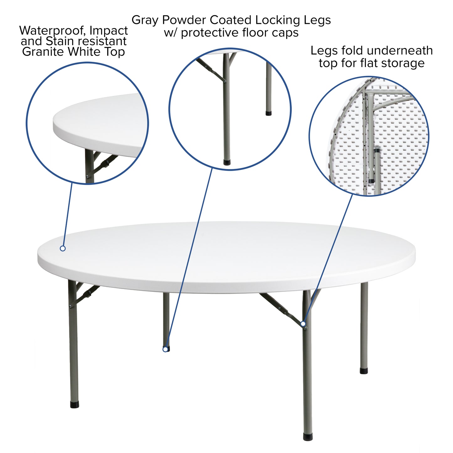 Elon 6-Foot Round Granite White Plastic Folding Table Granite White