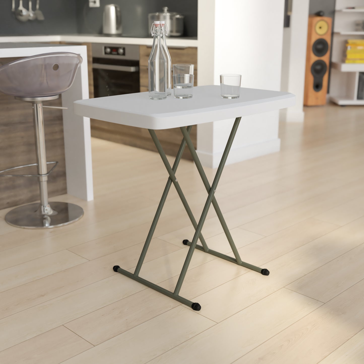 Elon 30 Inch Granite White Indoor/Outdoor Plastic Folding Table, Adjustable Height Commercial Grade Side Table, Laptop Table, TV Tray Granite White