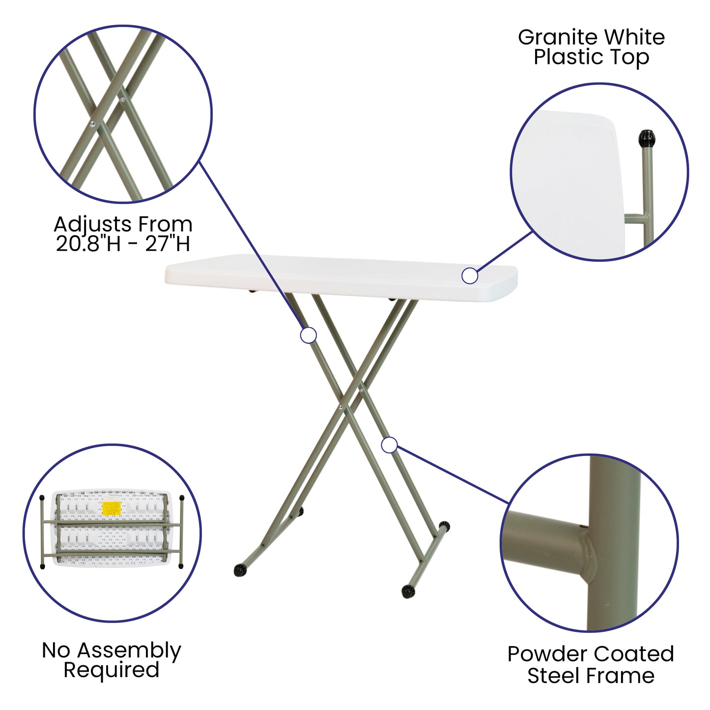 Elon 30 Inch Granite White Indoor/Outdoor Plastic Folding Table, Adjustable Height Commercial Grade Side Table, Laptop Table, TV Tray Granite White