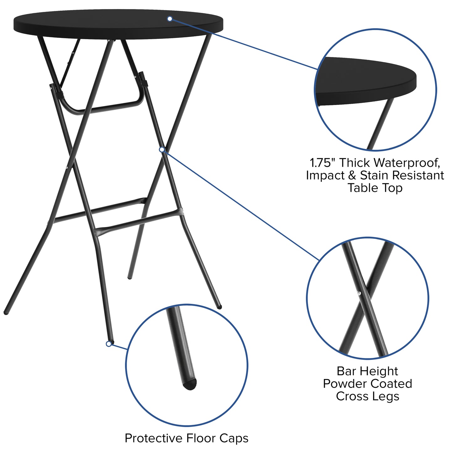 Elon Commercial Grade 2.6-Foot Round Black Indoor/Outdoor Plastic Bar Height Folding Table Black