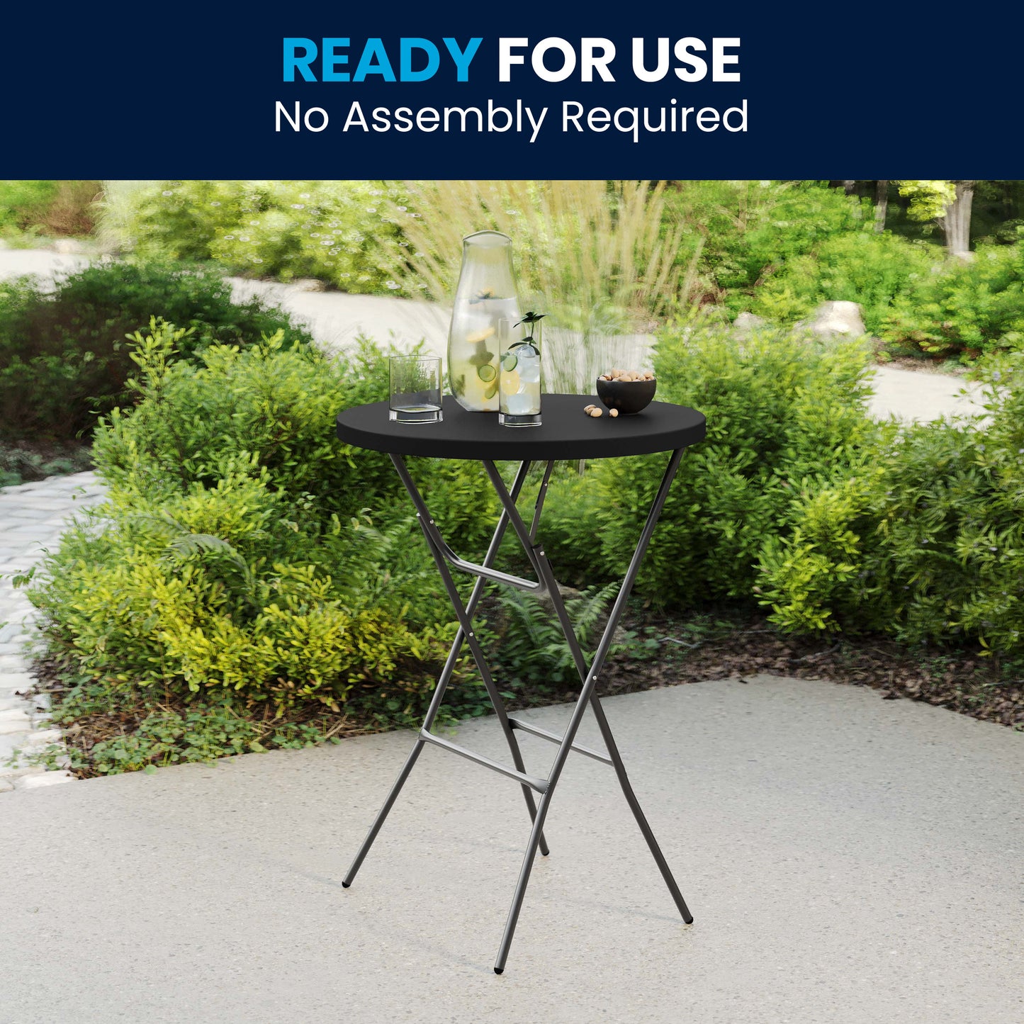Elon Commercial Grade 2.6-Foot Round Black Indoor/Outdoor Plastic Bar Height Folding Table Black