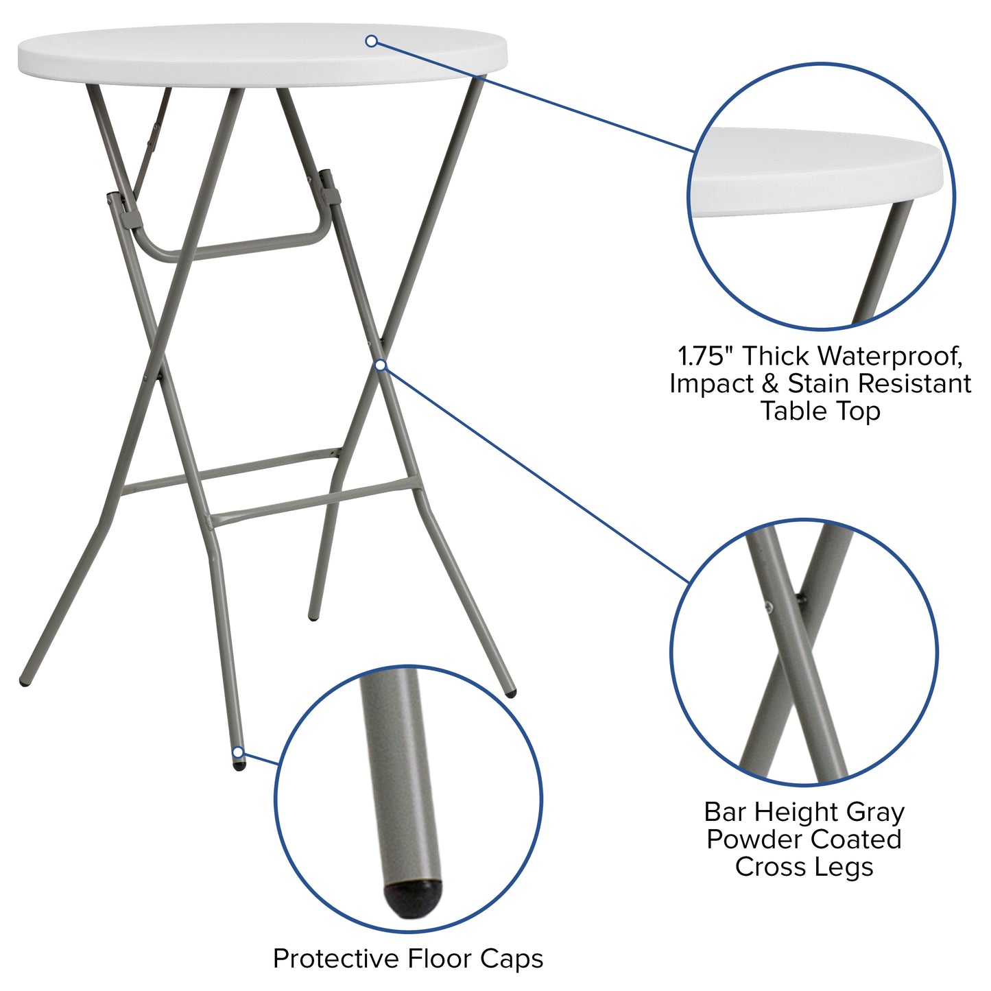 Elon 2.6-Foot Round Granite White Plastic Bar Height Folding Table Granite White