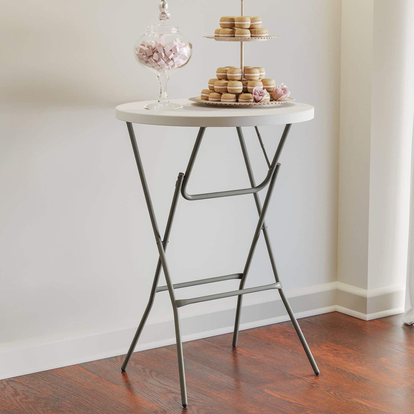 Elon 2.6-Foot Round Granite White Plastic Bar Height Folding Table Granite White
