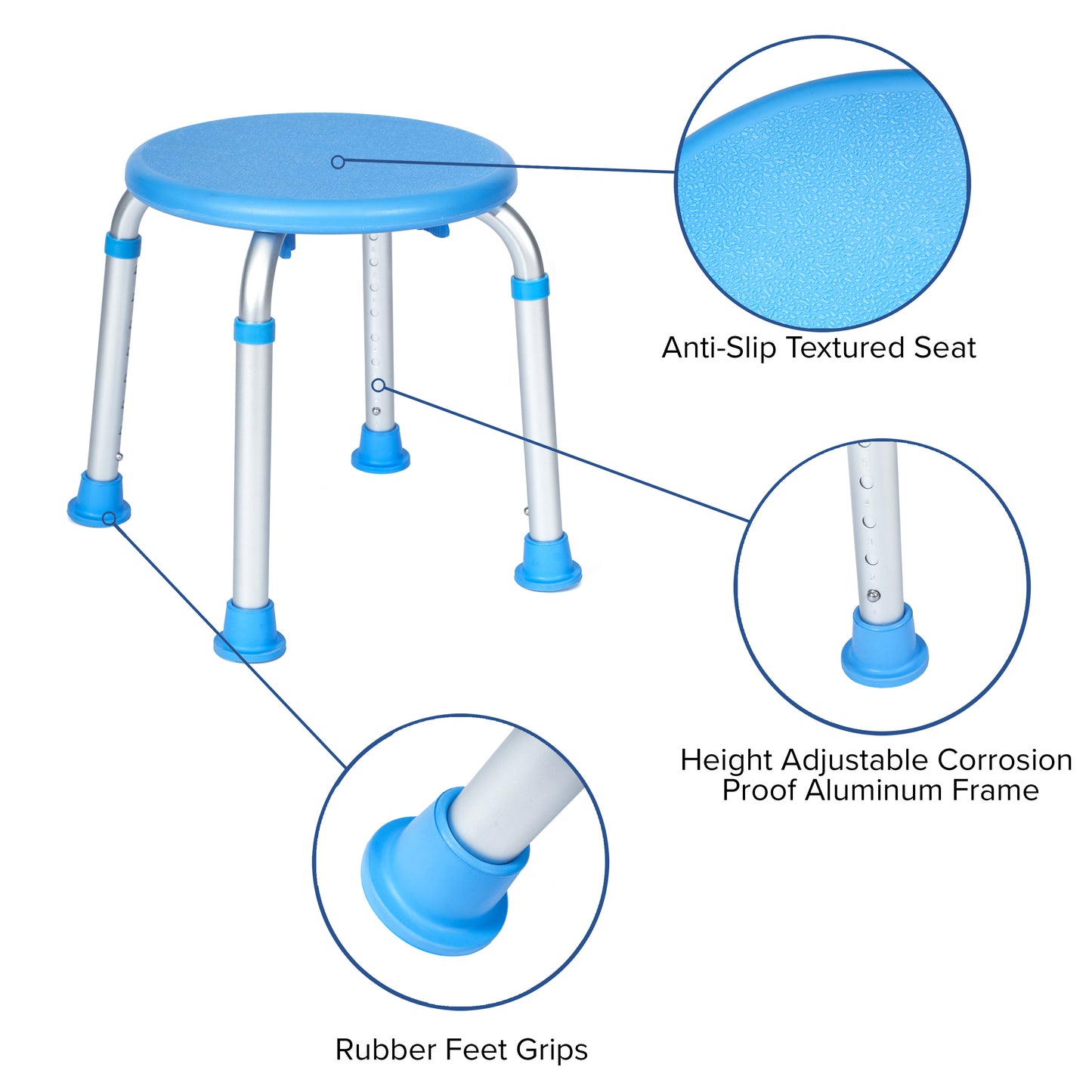 HERCULES Adjustable Bath & Shower Stool with Height-Adjust Frame, 300 lbs. Static Weight Capacity, and Tool-Free Assembly in Blue Blue