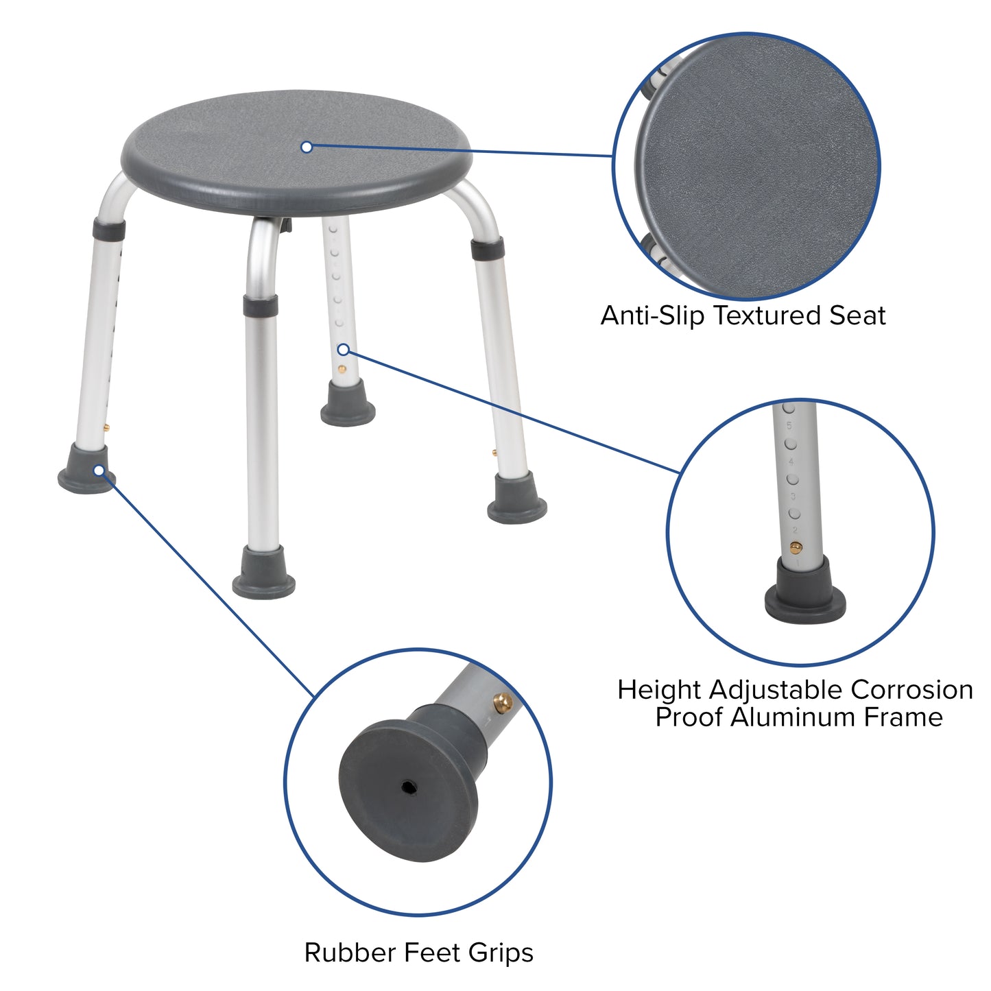 HERCULES Series Tool-Free and Quick Assembly, 300 Lb. Capacity, Adjustable Gray Bath & Shower Stool Gray