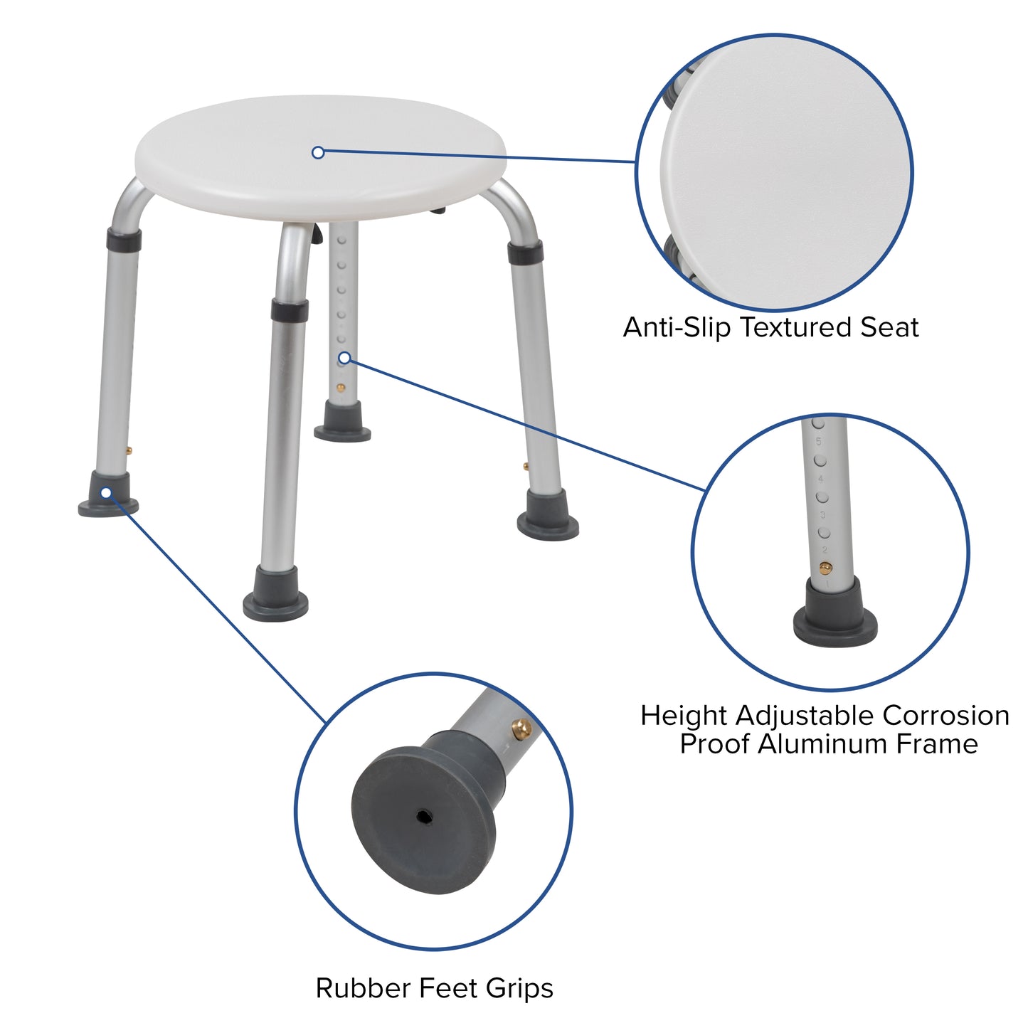 HERCULES Series Tool-Free and Quick Assembly, 300 Lb. Capacity, Adjustable White Bath & Shower Stool White