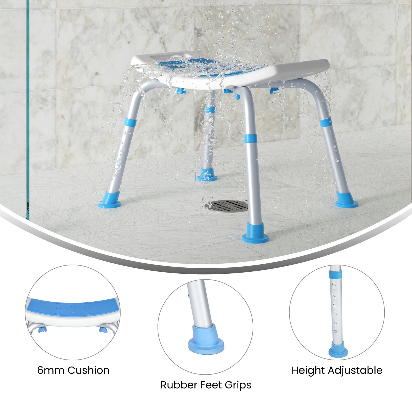 HERCULES Padded Shower Stool with Adjustable Height, Non-Slip Feet and Seat Pad in White/Blue White and Blue