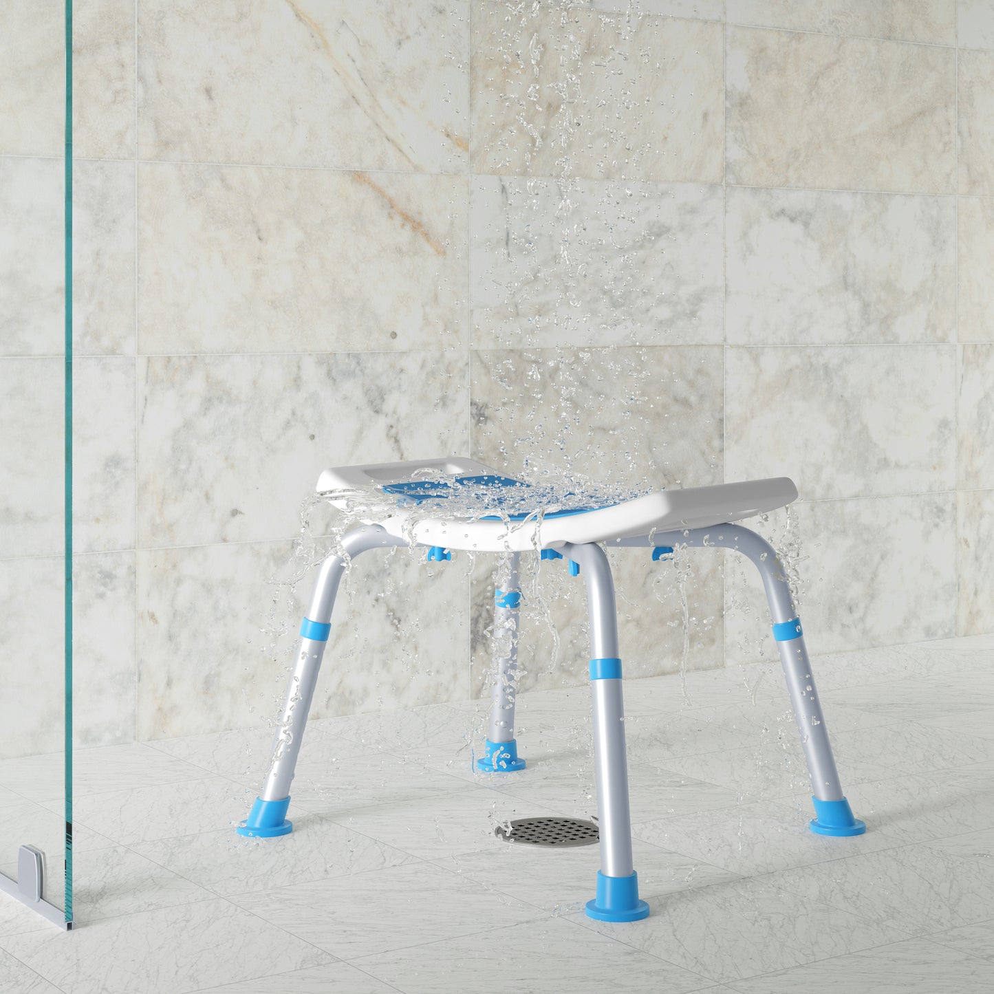 HERCULES Padded Shower Stool with Adjustable Height, Non-Slip Feet and Seat Pad in White/Blue White and Blue