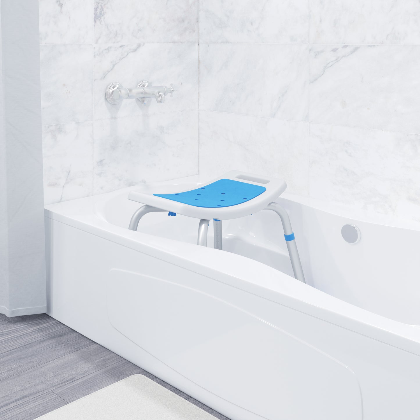 HERCULES Padded Shower Stool with Adjustable Height, Non-Slip Feet and Seat Pad in White/Blue White and Blue