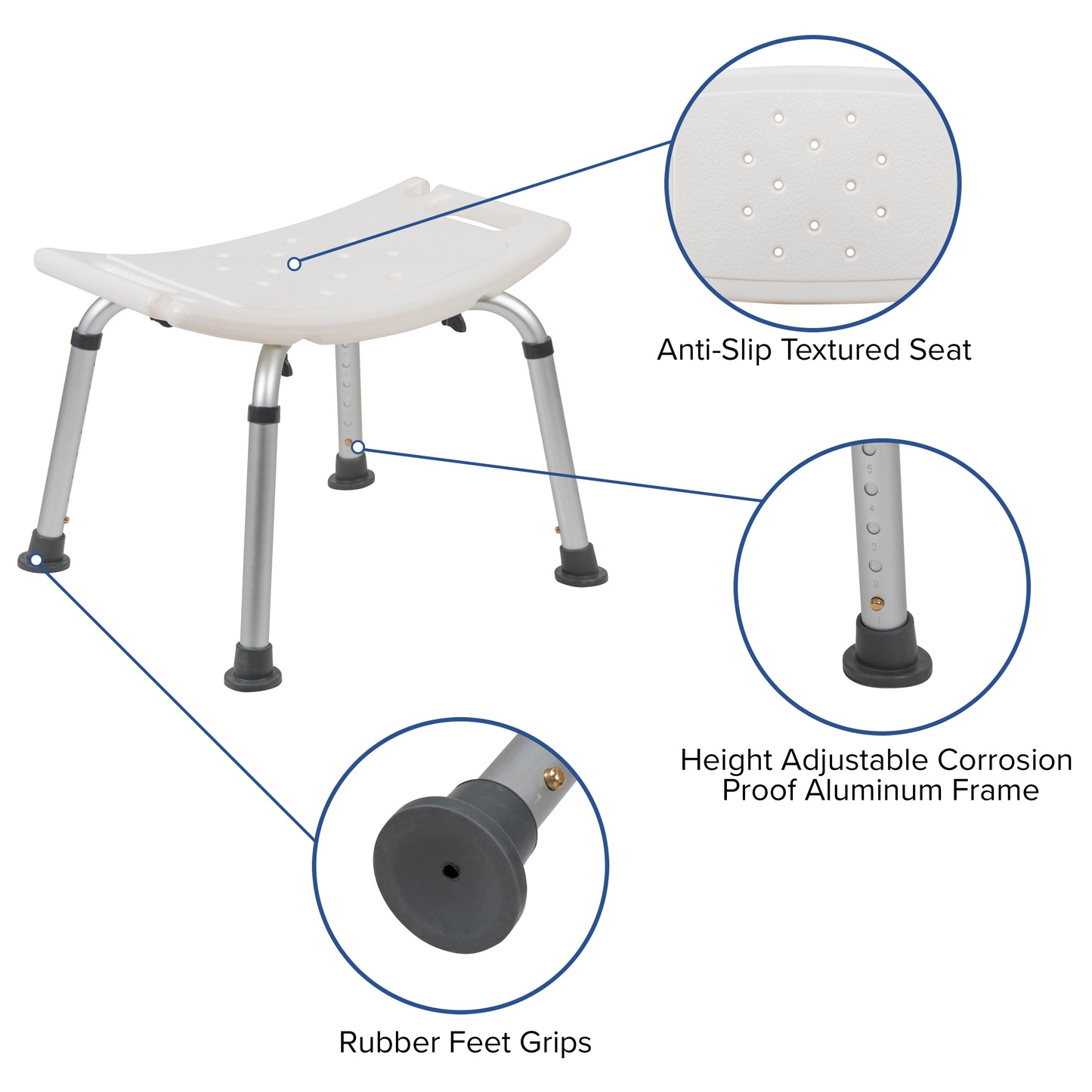 HERCULES Series Tool-Free and Quick Assembly, 300 Lb. Capacity, Adjustable White Bath & Shower Chair with Non-slip Feet White