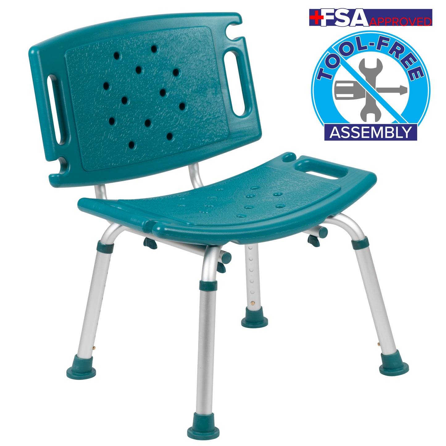 HERCULES Series Tool-Free and Quick Assembly, 300 Lb. Capacity, Adjustable Teal Bath & Shower Chair with Extra Large Back Teal