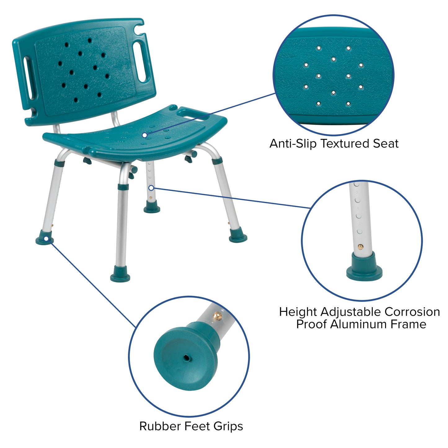 HERCULES Series Tool-Free and Quick Assembly, 300 Lb. Capacity, Adjustable Teal Bath & Shower Chair with Extra Large Back Teal