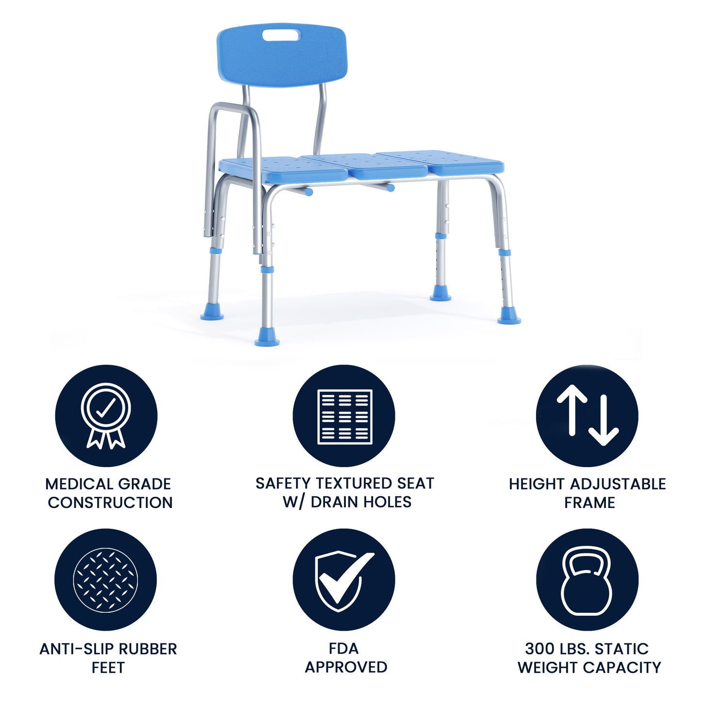 HERCULES Adjustable Bath & Shower Transfer Bench with Height-Adjust Frame, Supportive Back, Side Arm, 300 lbs. Static Weight Capacity in Blue Blue