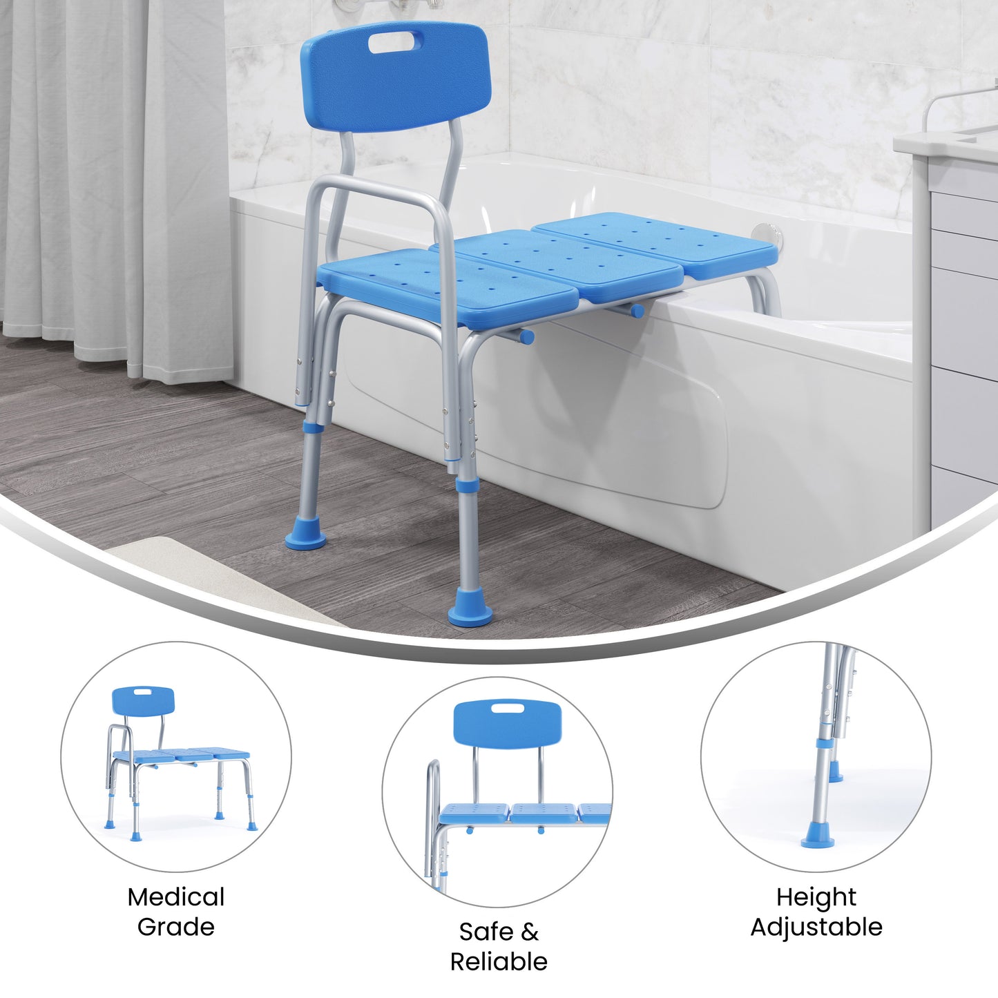 HERCULES Adjustable Bath & Shower Transfer Bench with Height-Adjust Frame, Supportive Back, Side Arm, 300 lbs. Static Weight Capacity in Blue Blue