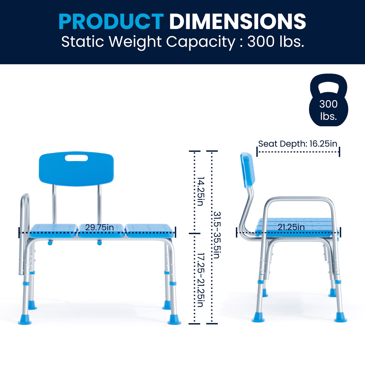 HERCULES Adjustable Bath & Shower Transfer Bench with Height-Adjust Frame, Supportive Back, Side Arm, 300 lbs. Static Weight Capacity in Blue Blue