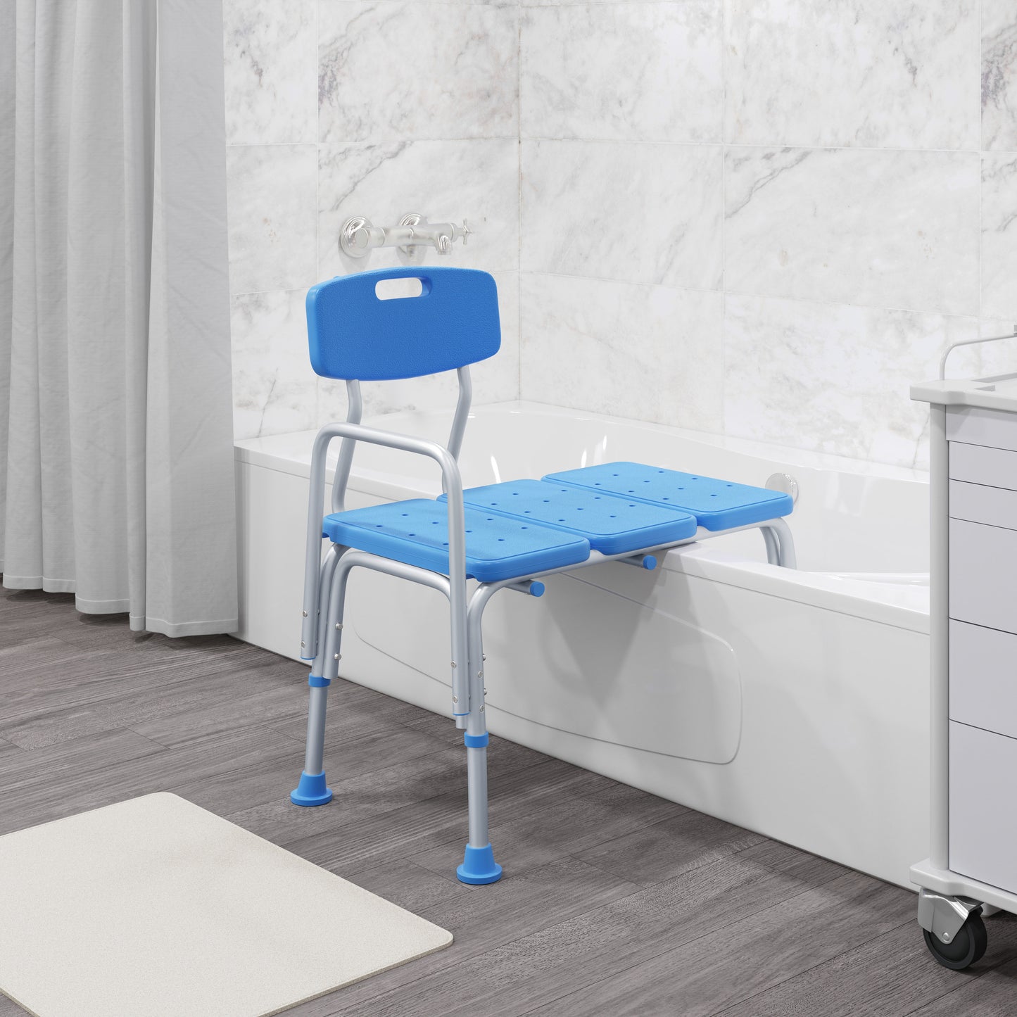 HERCULES Adjustable Bath & Shower Transfer Bench with Height-Adjust Frame, Supportive Back, Side Arm, 300 lbs. Static Weight Capacity in Blue Blue