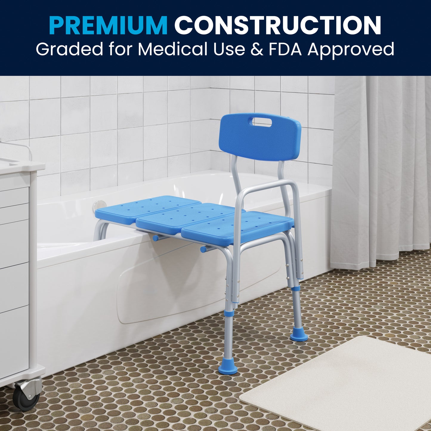 HERCULES Adjustable Bath & Shower Transfer Bench with Height-Adjust Frame, Supportive Back, Side Arm, 300 lbs. Static Weight Capacity in Blue Blue