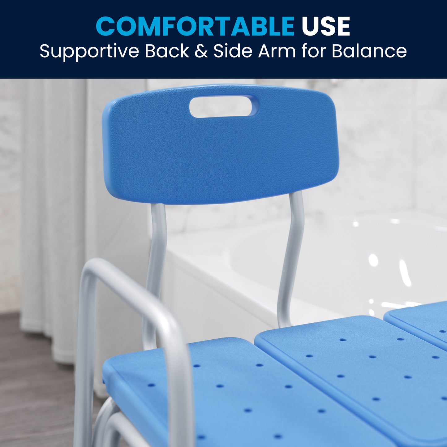 HERCULES Adjustable Bath & Shower Transfer Bench with Height-Adjust Frame, Supportive Back, Side Arm, 300 lbs. Static Weight Capacity in Blue Blue