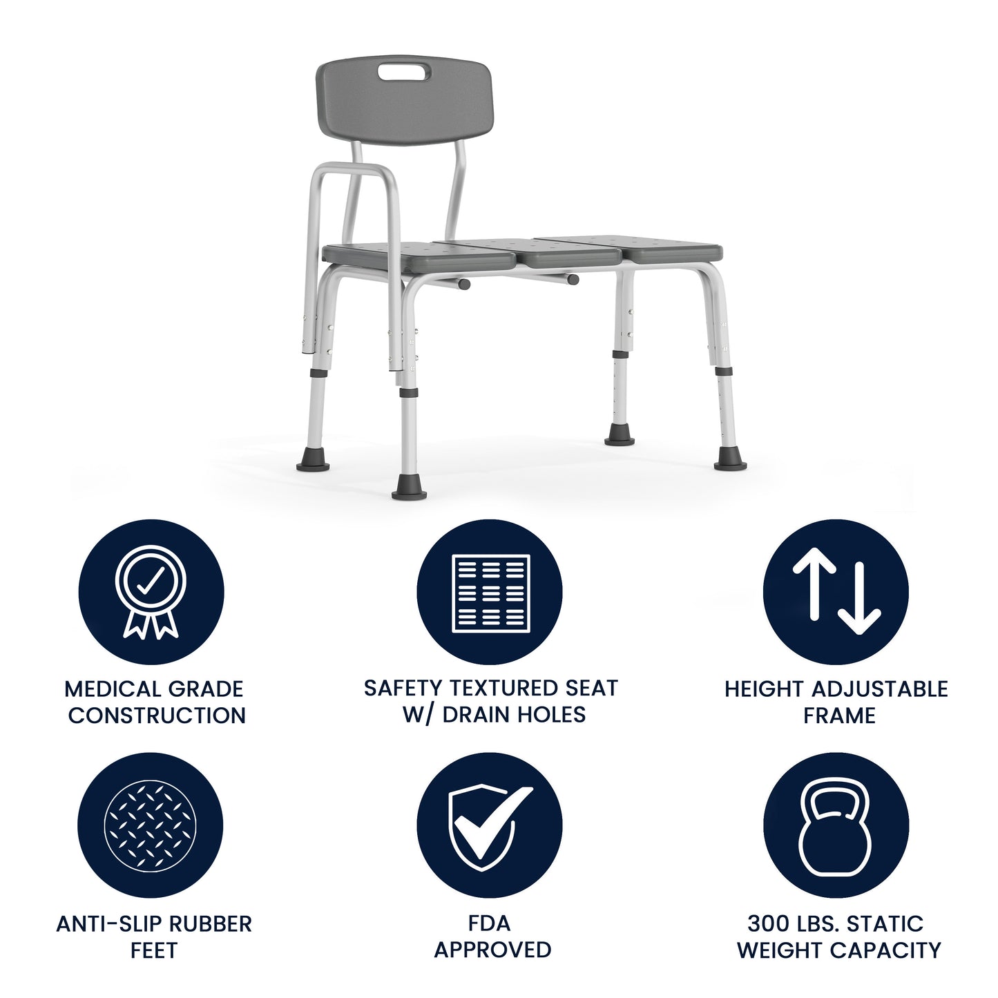 HERCULES Series 300 Lb. Capacity Adjustable Gray Bath & Shower Transfer Bench with Back and Side Arm Gray