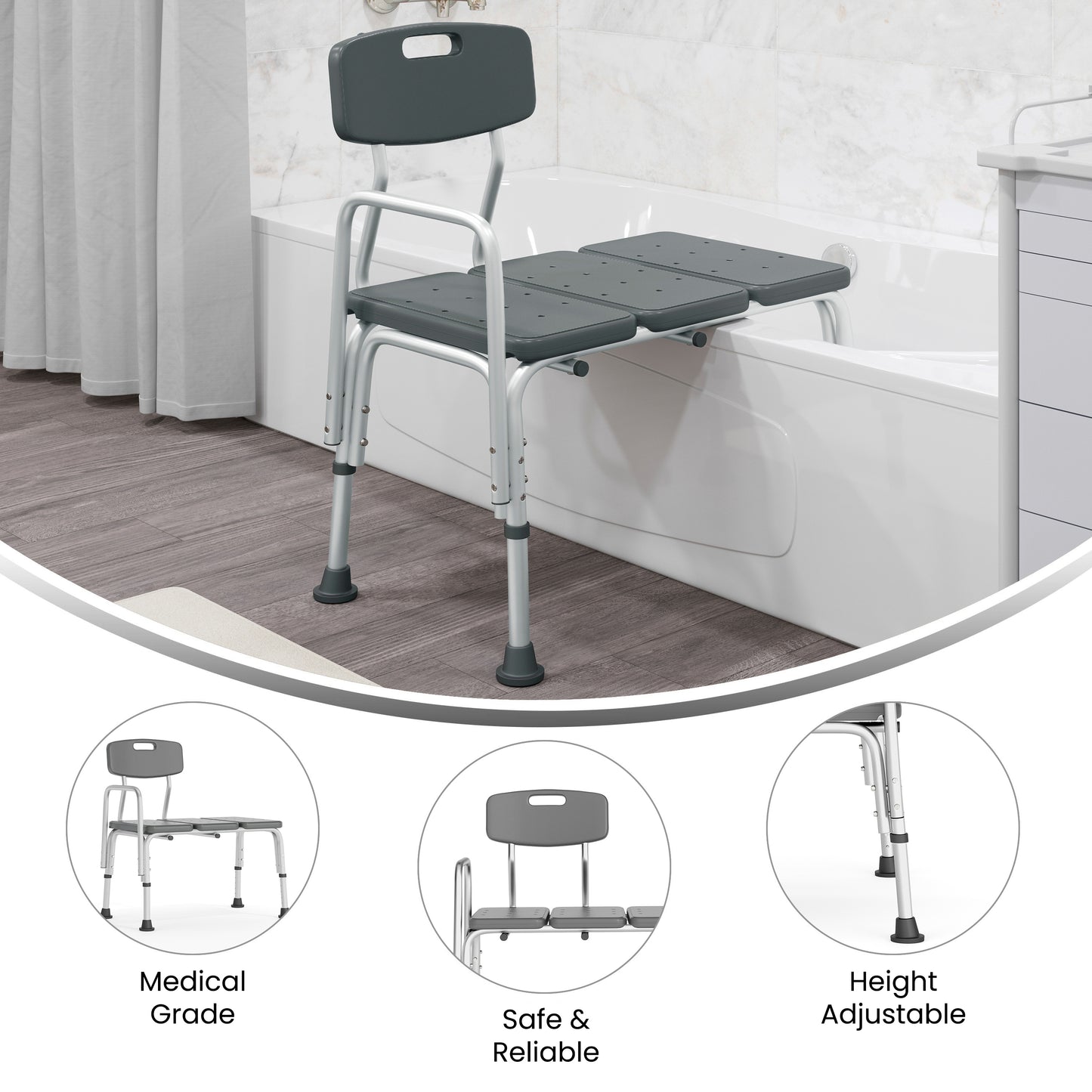 HERCULES Series 300 Lb. Capacity Adjustable Gray Bath & Shower Transfer Bench with Back and Side Arm Gray