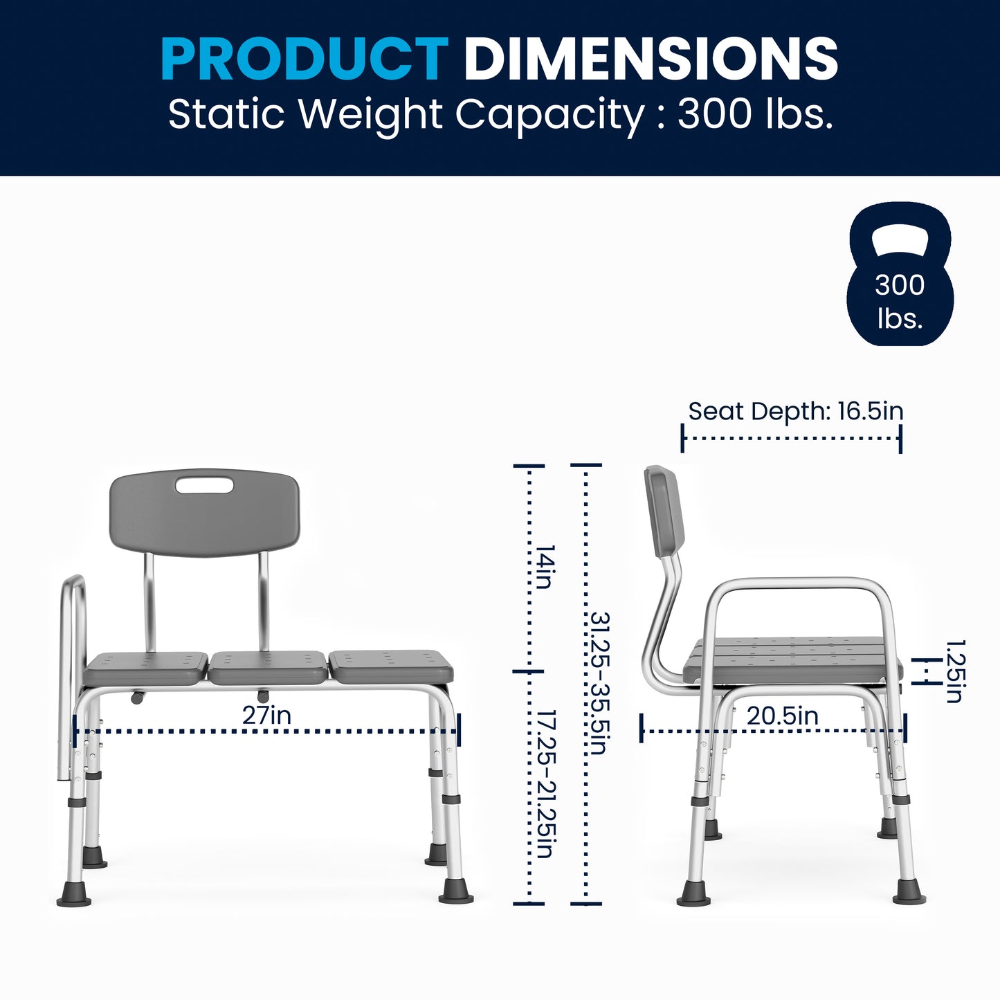 HERCULES Series 300 Lb. Capacity Adjustable Gray Bath & Shower Transfer Bench with Back and Side Arm Gray
