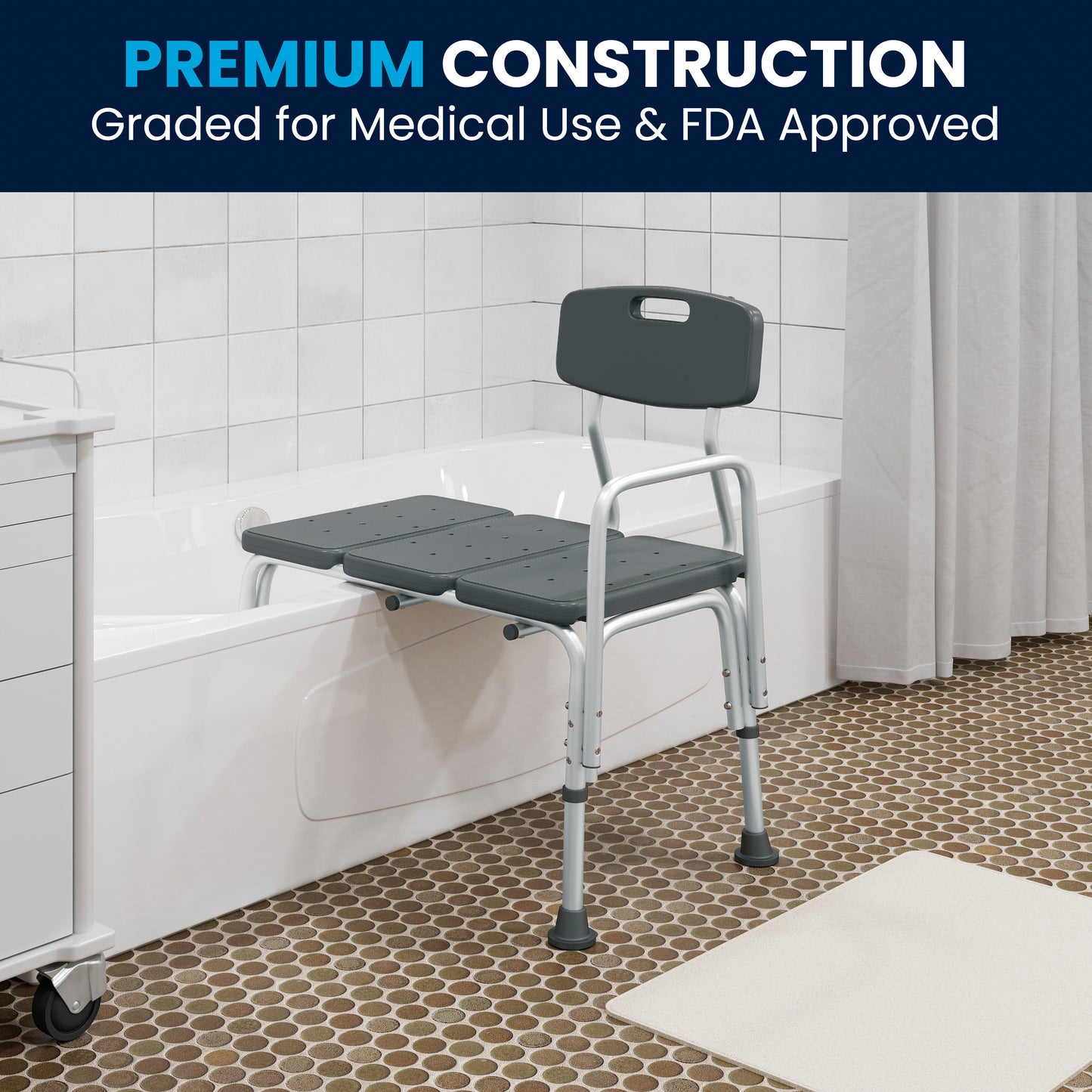 HERCULES Series 300 Lb. Capacity Adjustable Gray Bath & Shower Transfer Bench with Back and Side Arm Gray