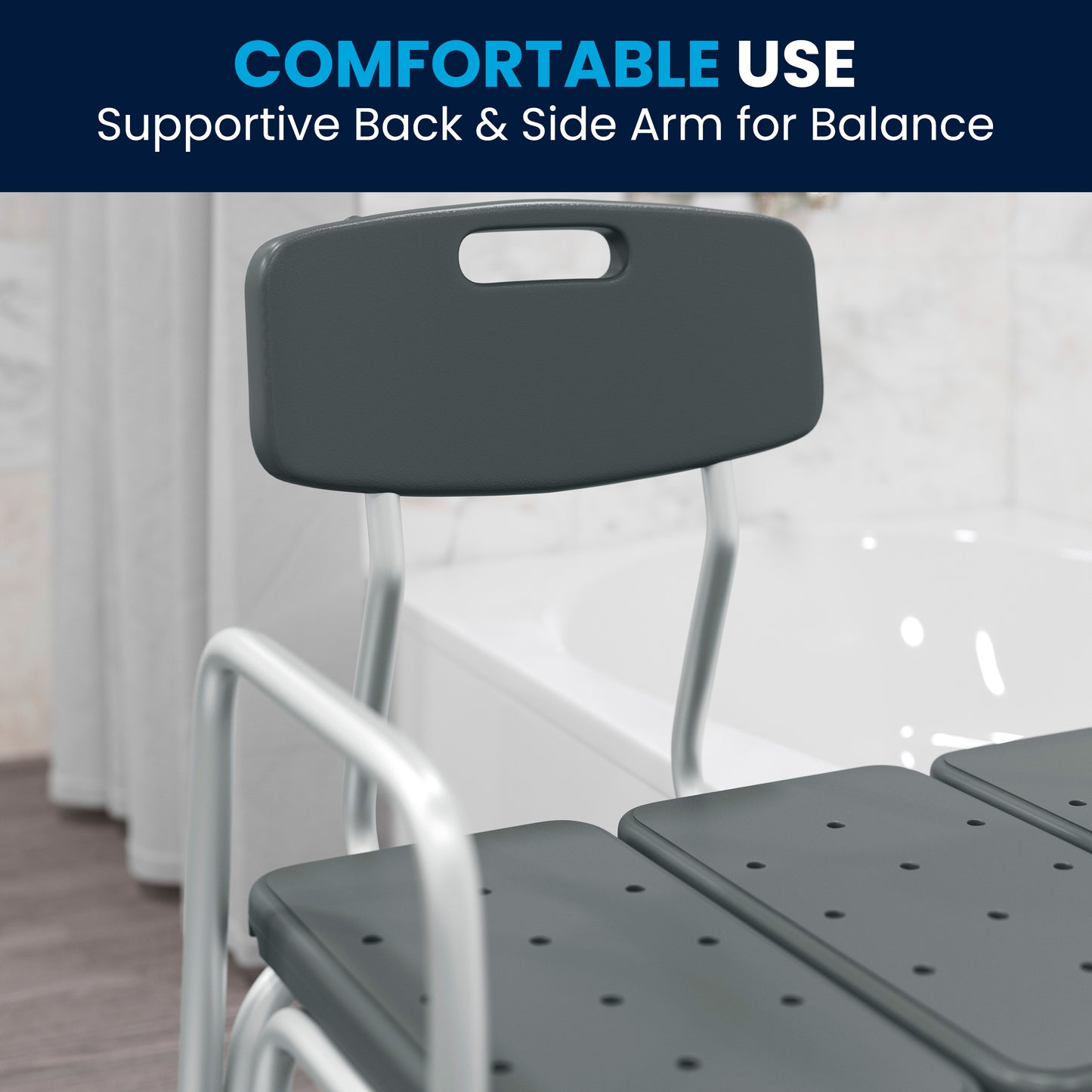 HERCULES Series 300 Lb. Capacity Adjustable Gray Bath & Shower Transfer Bench with Back and Side Arm Gray