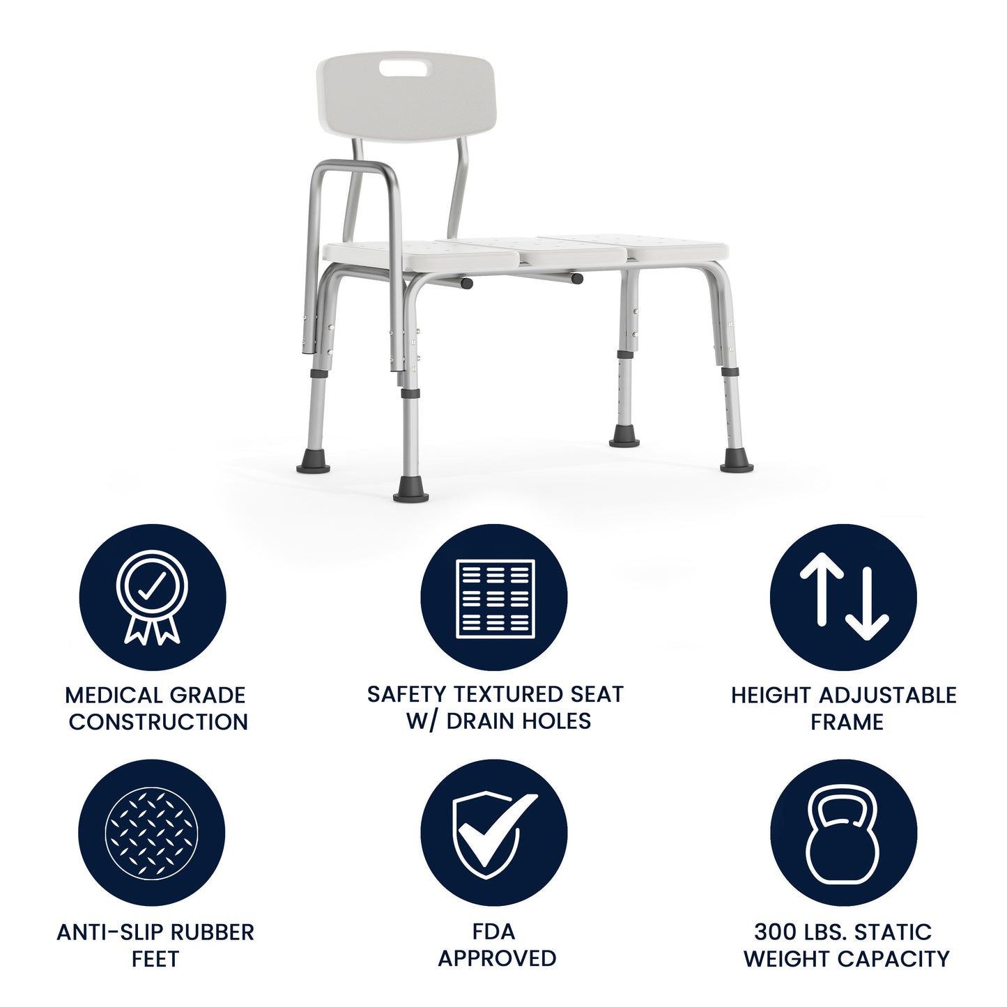 HERCULES Series 300 Lb. Capacity Adjustable White Bath & Shower Transfer Bench with Back and Side Arm White