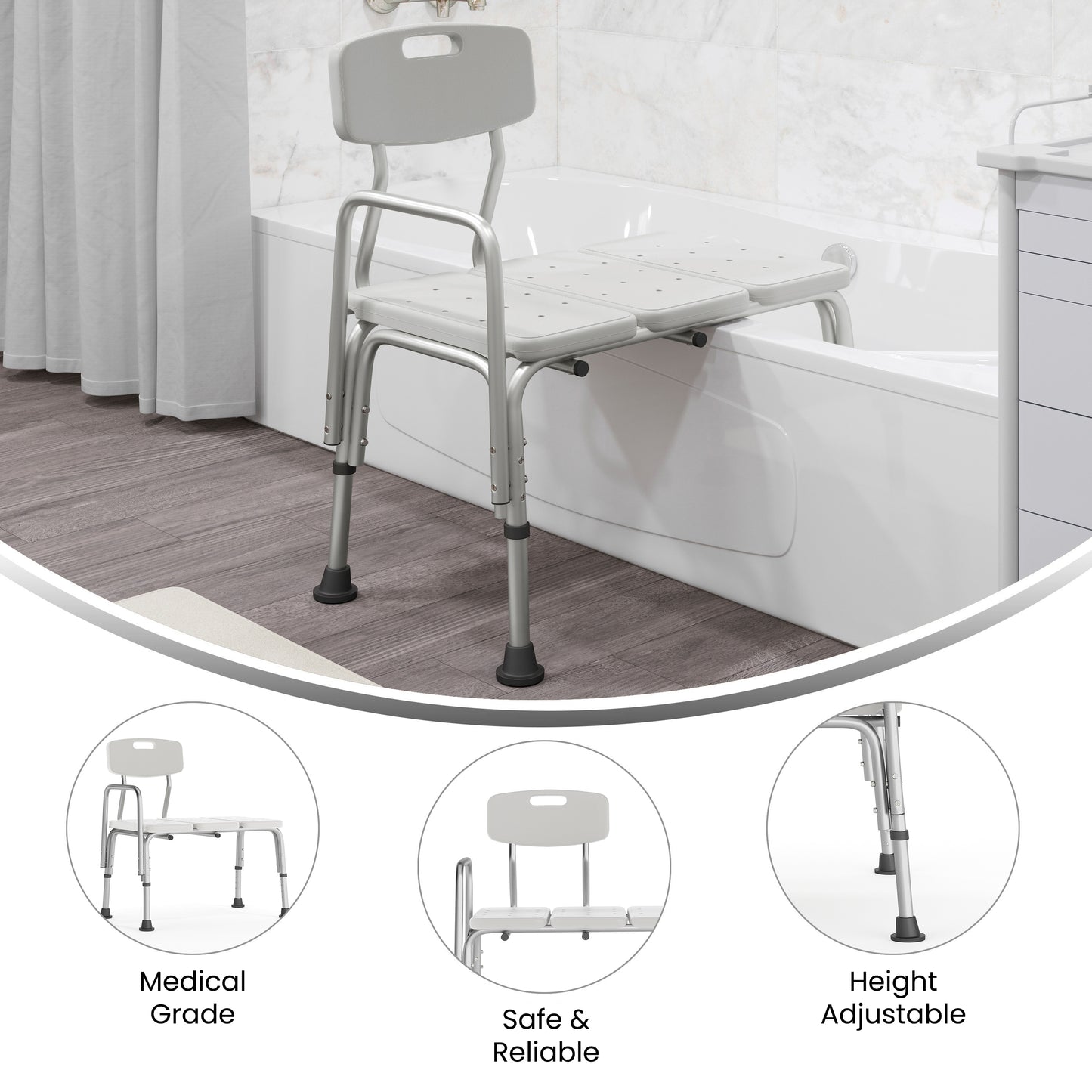 HERCULES Series 300 Lb. Capacity Adjustable White Bath & Shower Transfer Bench with Back and Side Arm White
