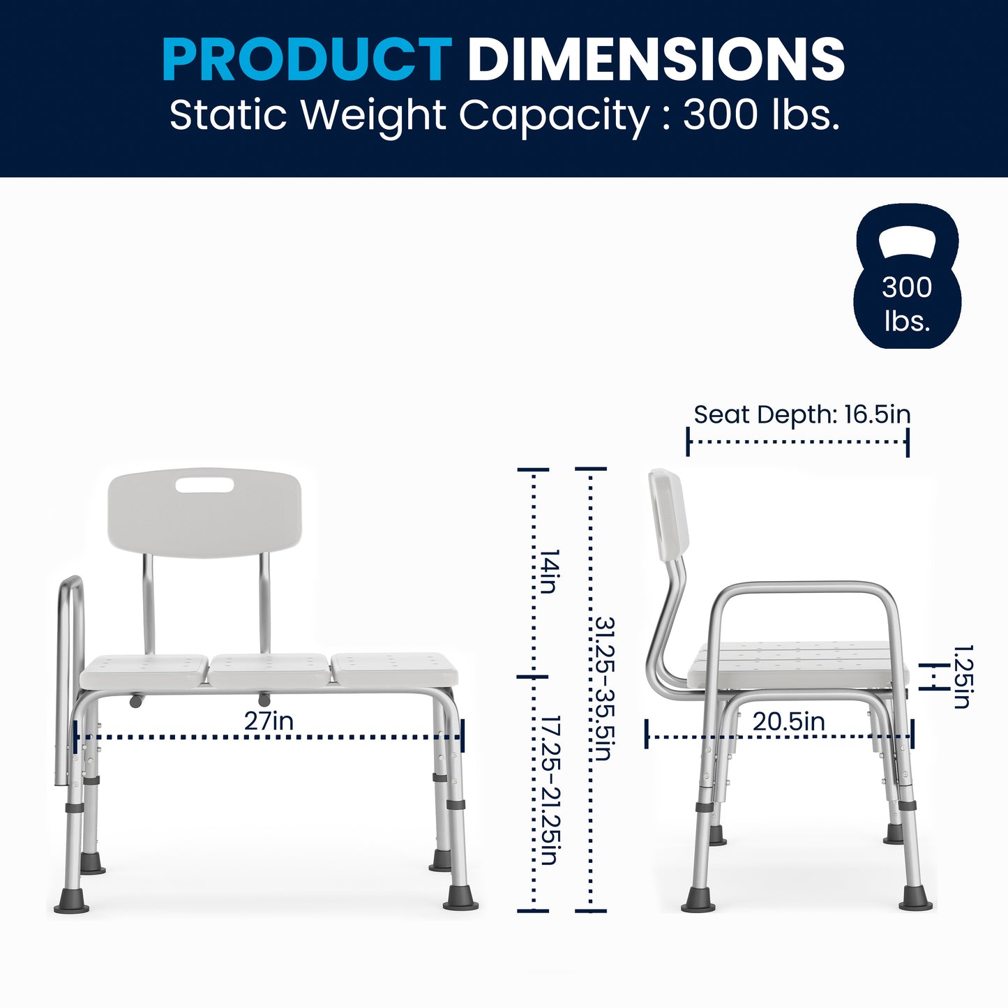 HERCULES Series 300 Lb. Capacity Adjustable White Bath & Shower Transfer Bench with Back and Side Arm White