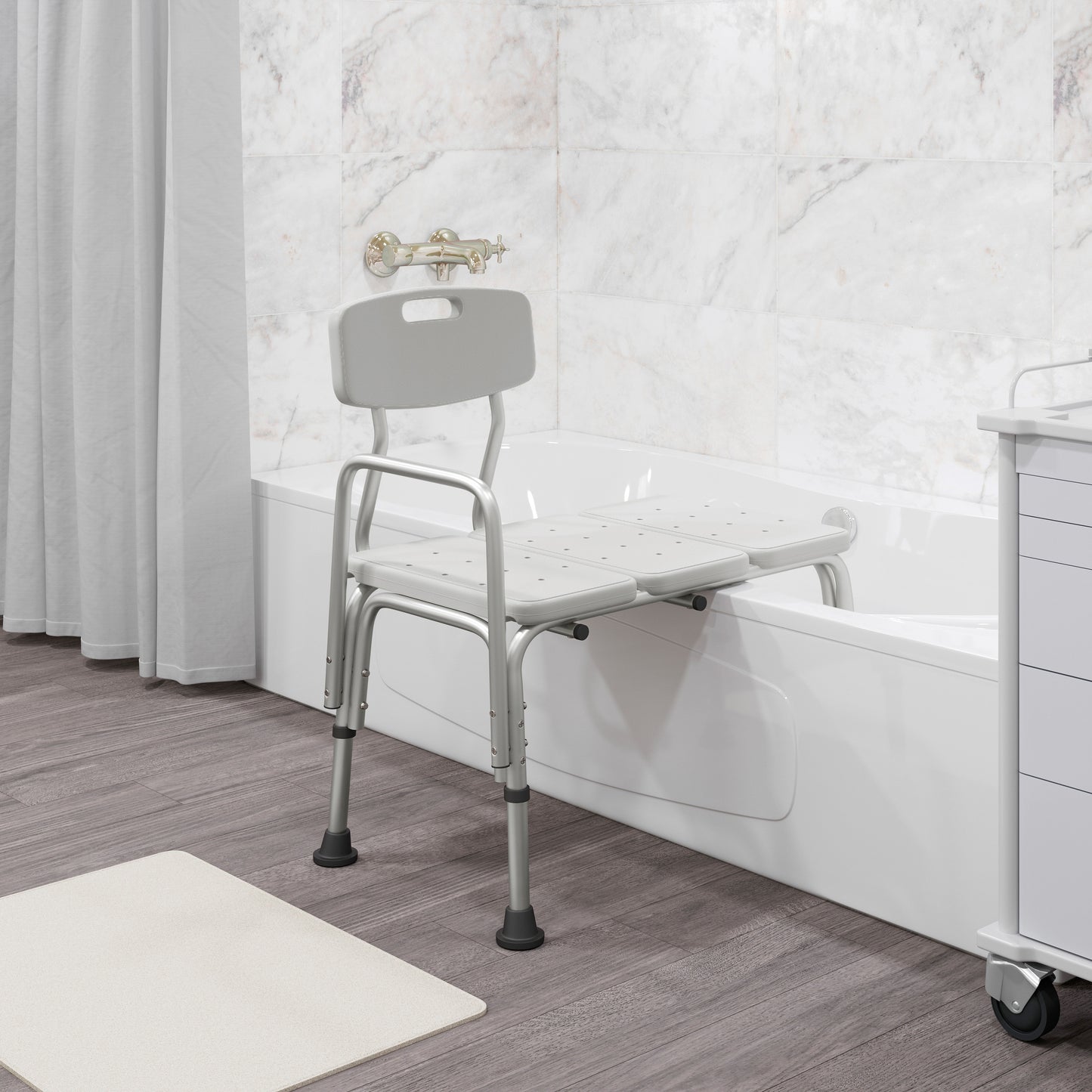 HERCULES Series 300 Lb. Capacity Adjustable White Bath & Shower Transfer Bench with Back and Side Arm White