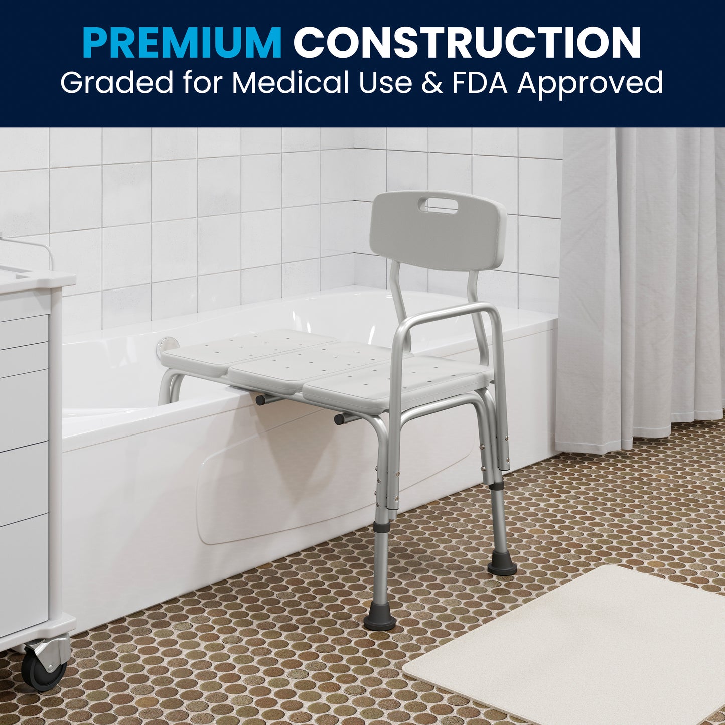 HERCULES Series 300 Lb. Capacity Adjustable White Bath & Shower Transfer Bench with Back and Side Arm White