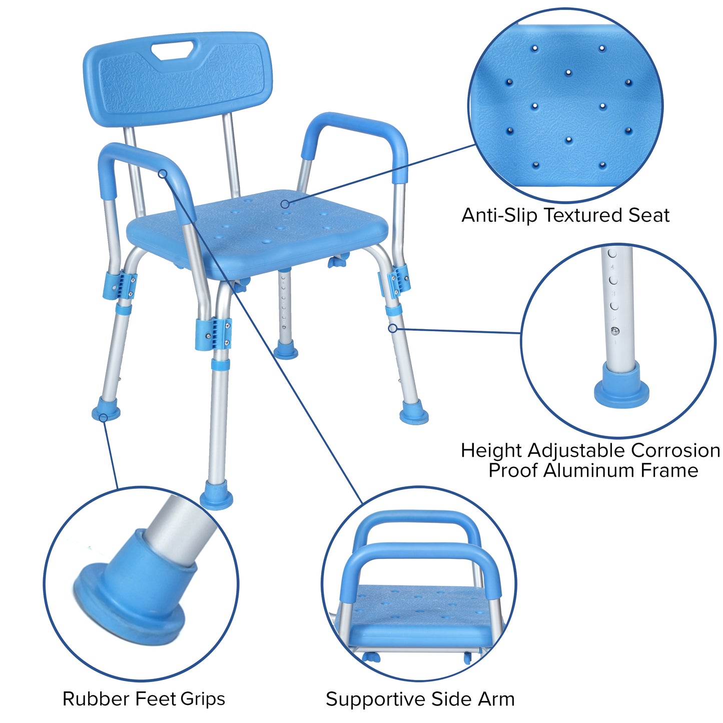 HERCULES Adjustable Bath & Shower Chair with Height-Adjust Frame, Depth-Adjust Back, and 300 lbs. Static Weight Capacity in Blue Blue
