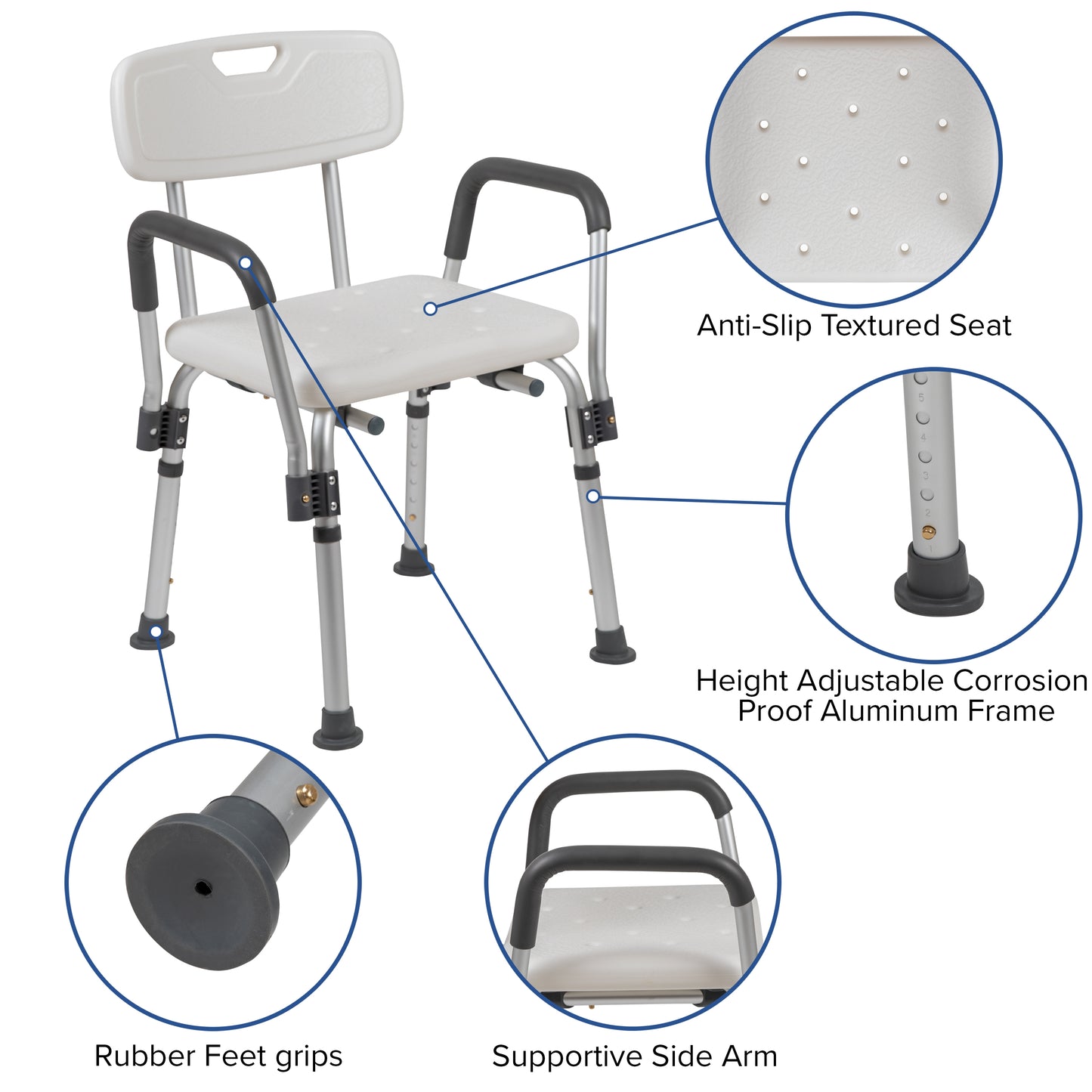 HERCULES Series 300 Lb. Capacity, Adjustable White Bath & Shower Chair with Depth Adjustable Back White
