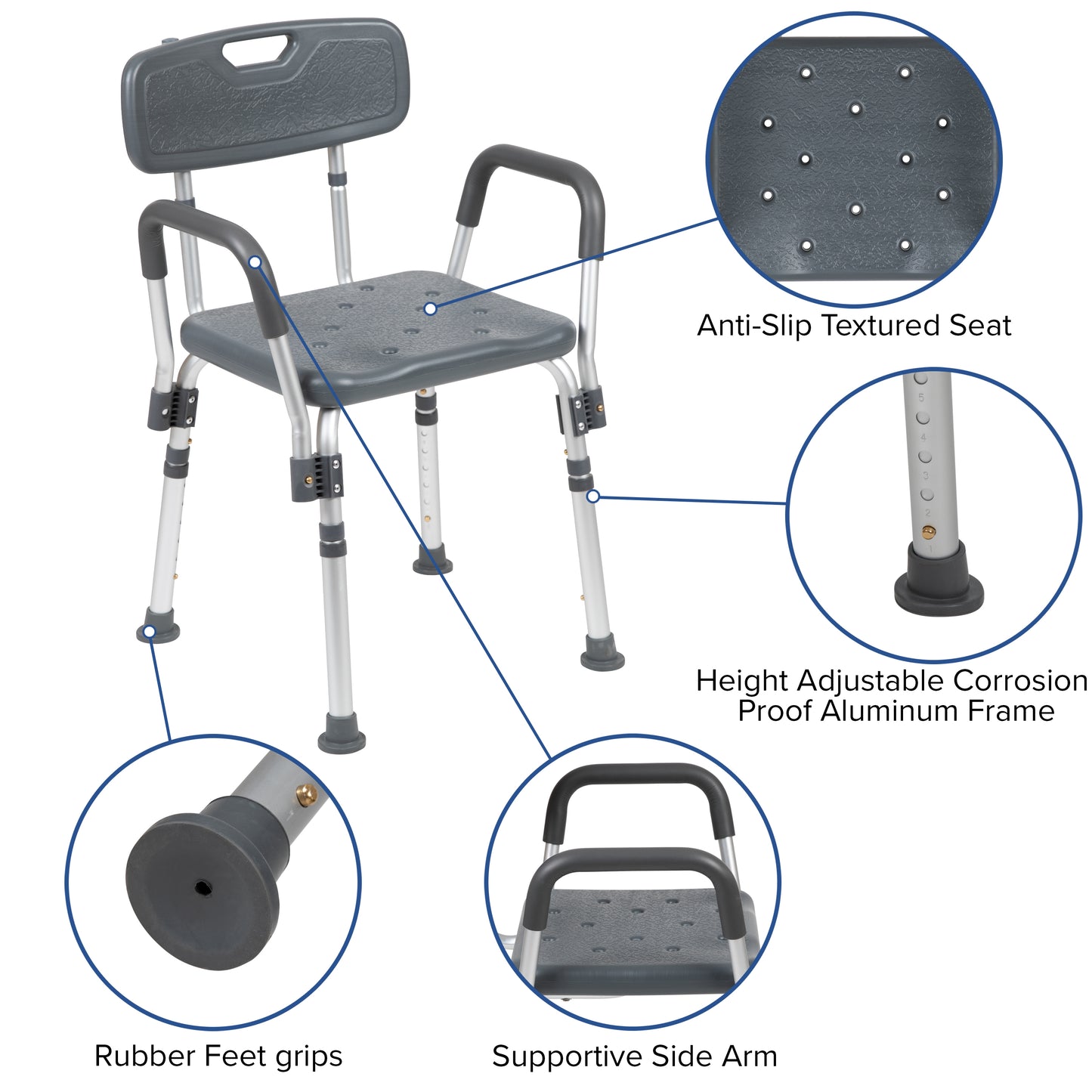 HERCULES Series 300 Lb. Capacity Adjustable Gray Bath & Shower Chair with Quick Release Back & Arms Gray